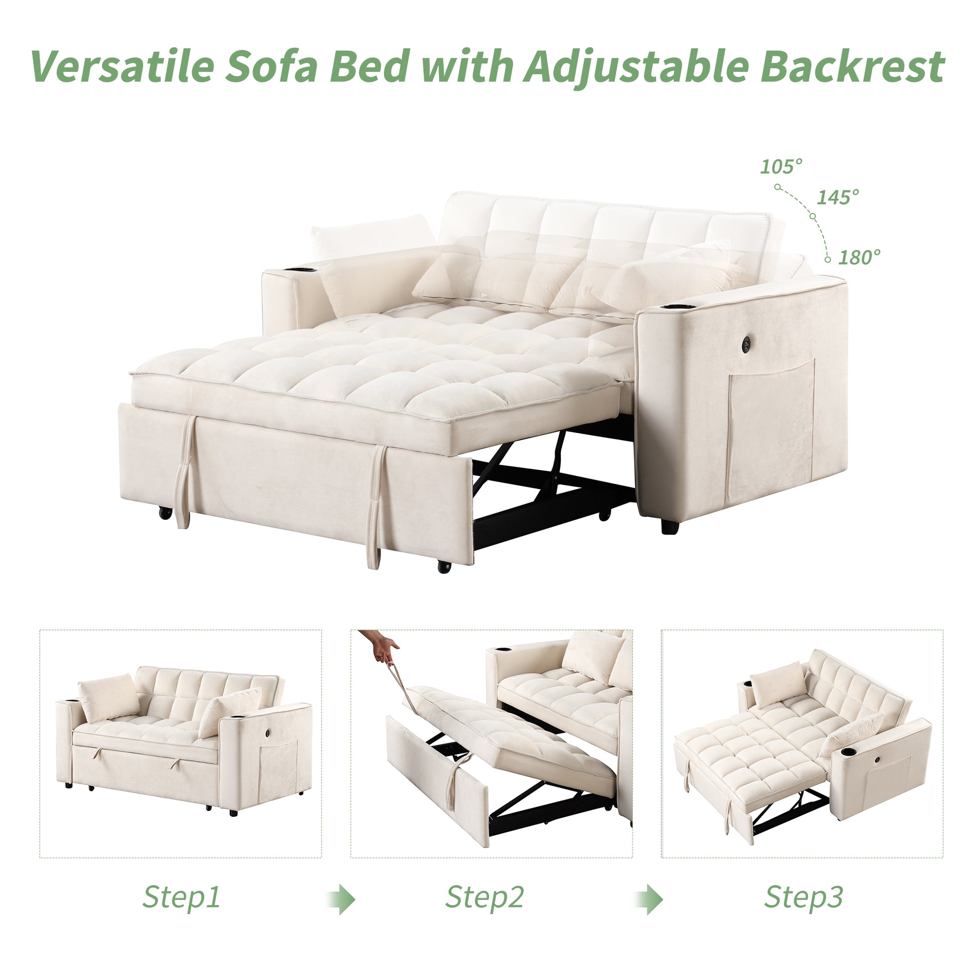 58" 4 1 Multi Functional Sofa Bed With Cup Holder And Usb Port For Living Room Or Apartments Milky White Milk White Foam 2 Seat