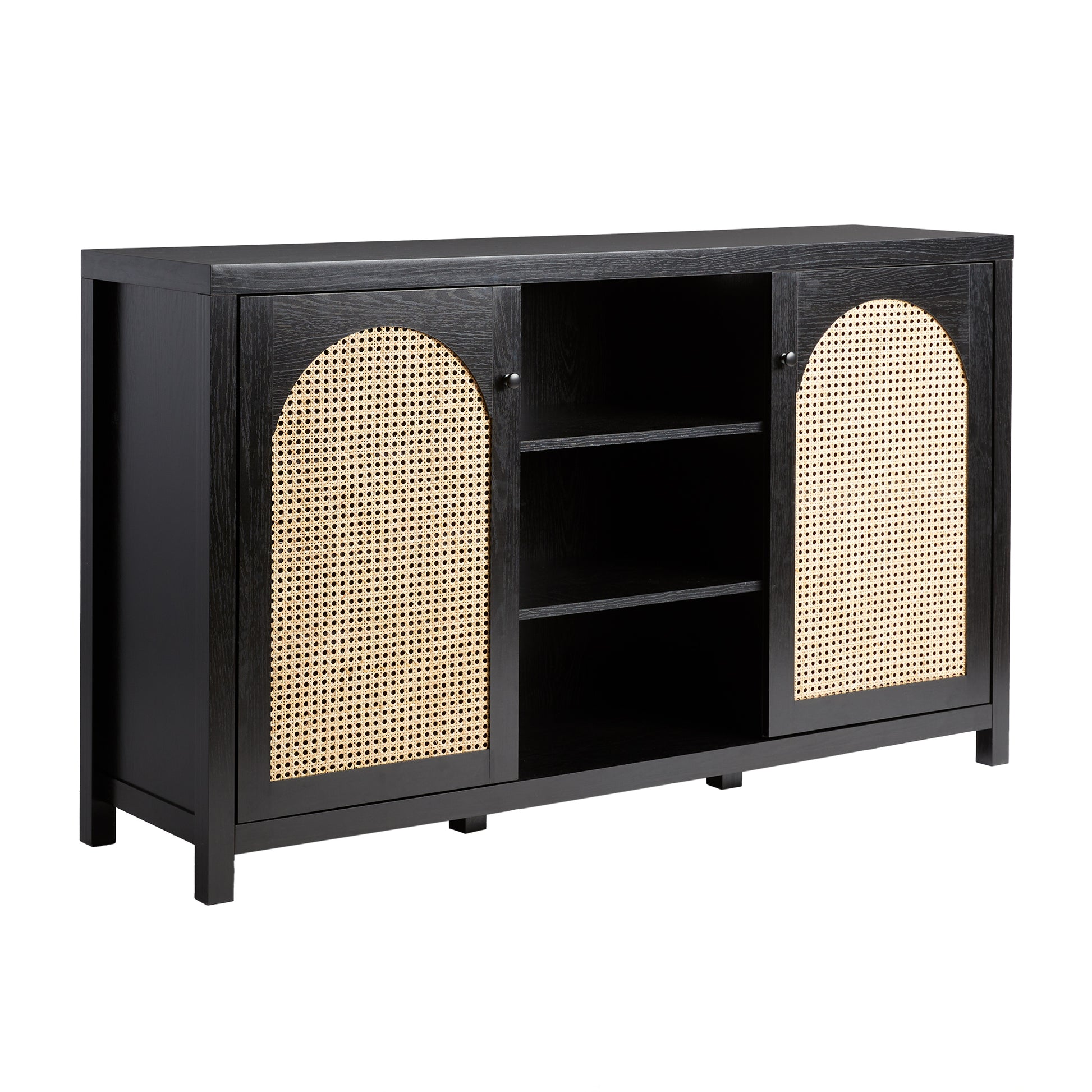 Transitional 58" 2 Door Sideboard With Arched Rattan Panels, Black Black Mdf Mdf