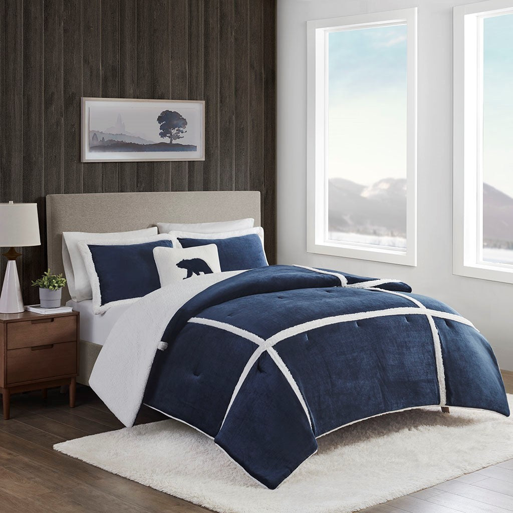 Plush To Sherpa Comforter Set Twin Navy Polyester