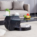 Modern And Practical Double Deck Round Table. Double Storage Space, Made Of Glass Tabletop And Mdf Table Legs. Suitable For Living Room And Bedroom And Dining Room. Black Mdf Glass