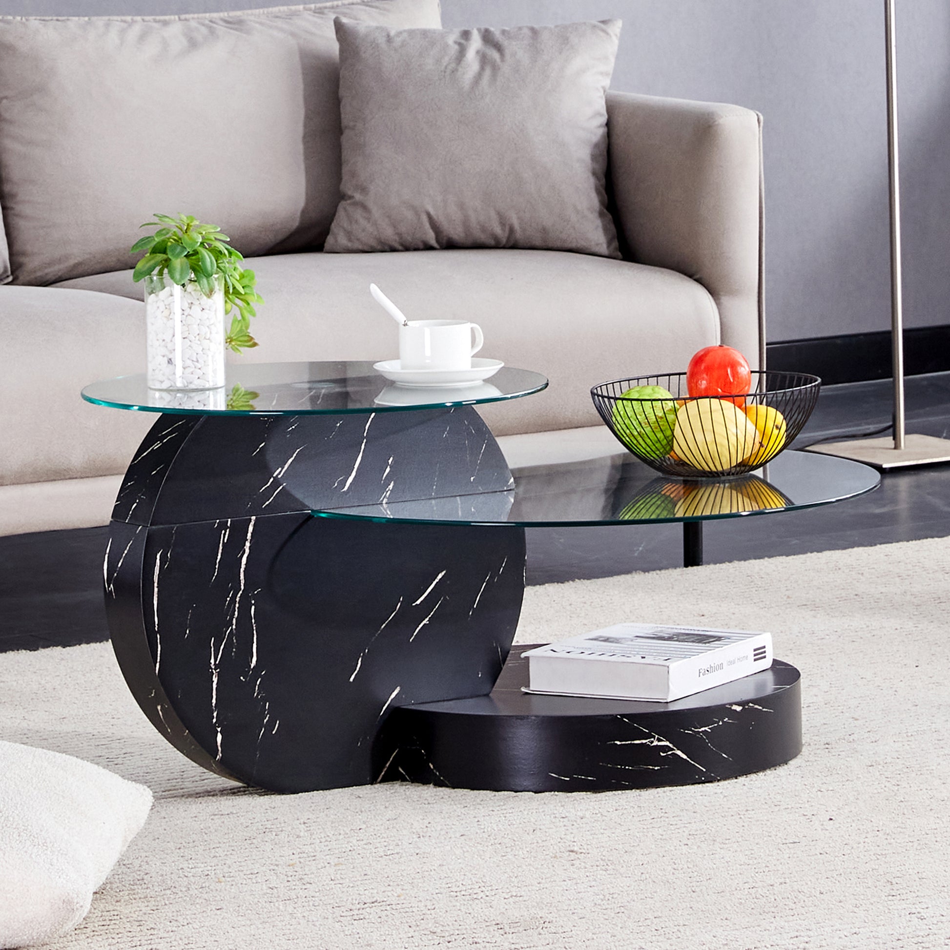 Modern And Practical Double Deck Round Table. Double Storage Space, Made Of Glass Tabletop And Mdf Table Legs. Suitable For Living Room And Bedroom And Dining Room. Black Mdf Glass