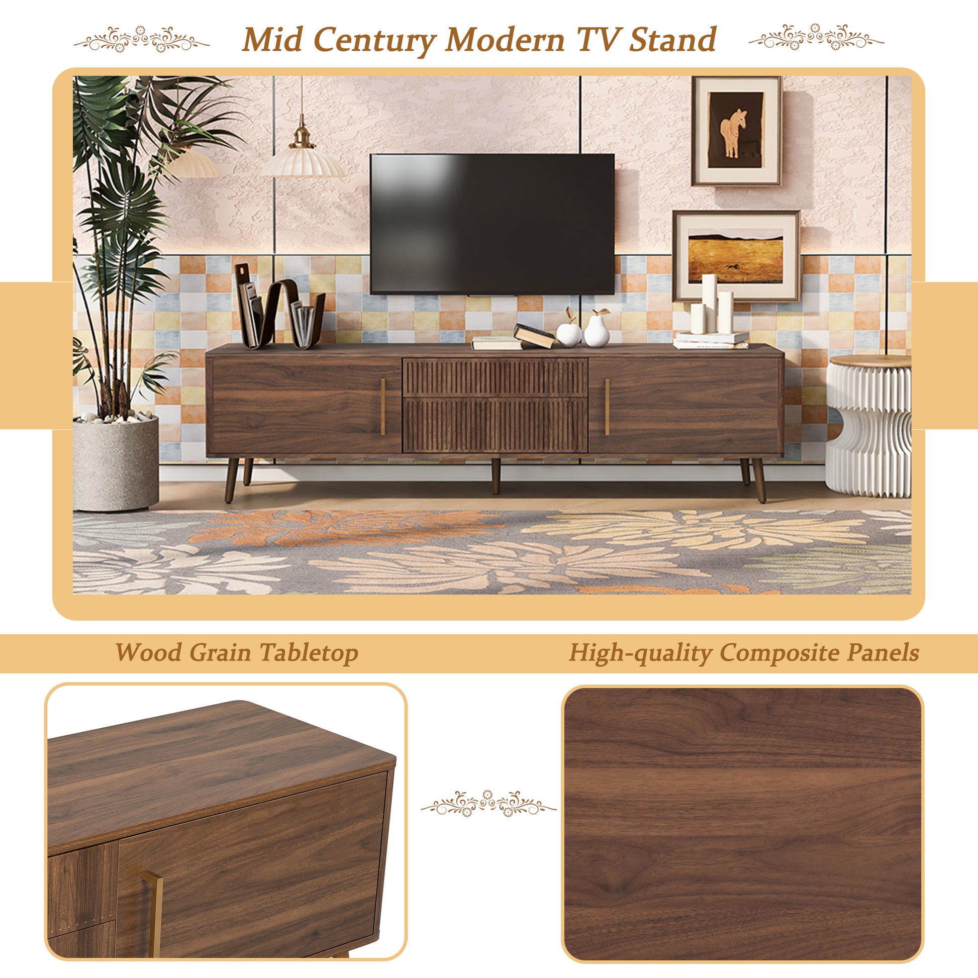 Mid Century Tv Stand With 2 Drawers, Media Console Table For Tvs Up To 80'', Entertainment Center With Storage For Living Room, Bedroom, Home Theatre Walnut Primary Living Space 70 79 Inches 70 79
