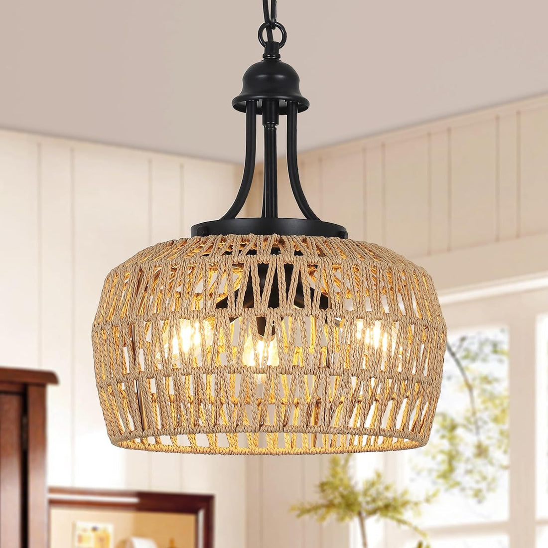 Farmhouse Chandelier For Dining Room, 3 Light Boho Rattan Chandelier Light Fixture Ceiling Hanging With Woven Lampshade, Small Wicker Coastal Pendant Light For Kitchen Bedroom Island Hallway Brown Black Rattan Metal