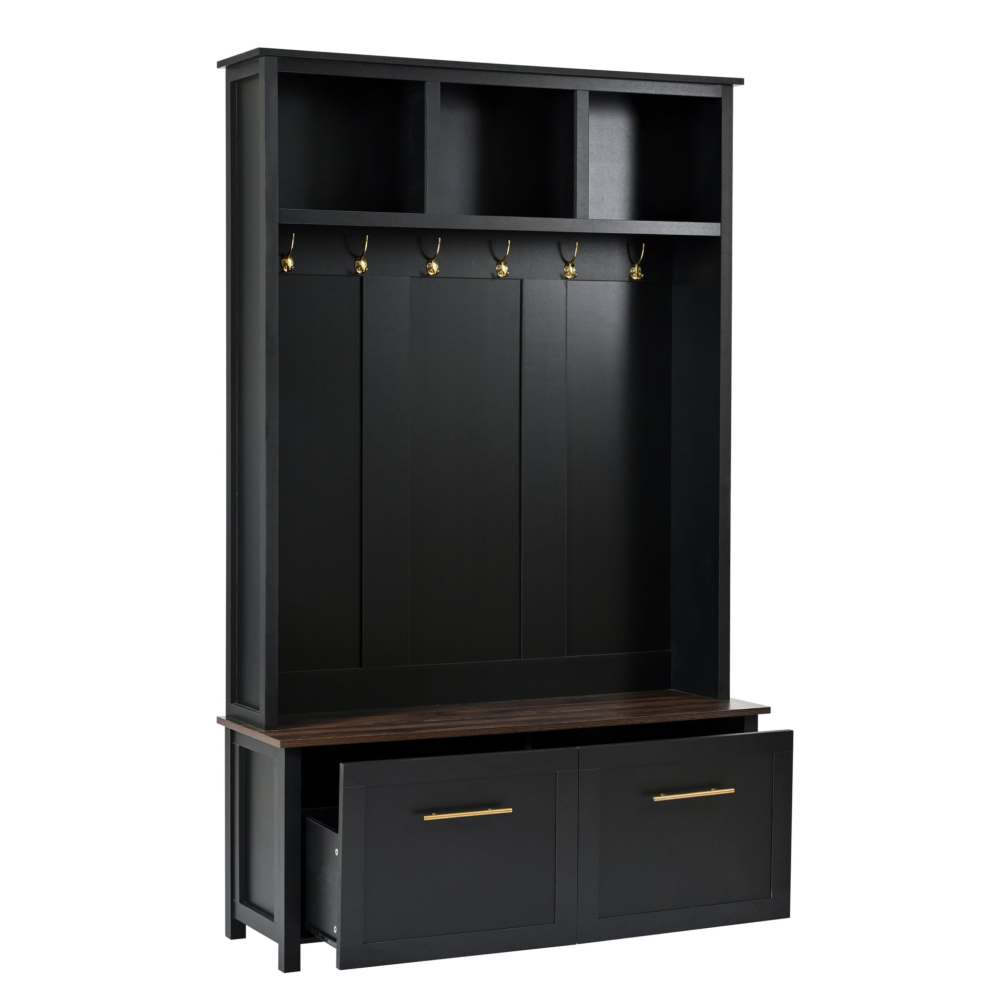 Versatile 4 In 1 Hall Tree With 6 Golden Hooks, Wood Grain Bench With Multiple Storage Space, Entryway Coat Rack With 2 Drawers For Living Room, Hallway, Black, 76.6''H Old Sku:N721S000034B Black