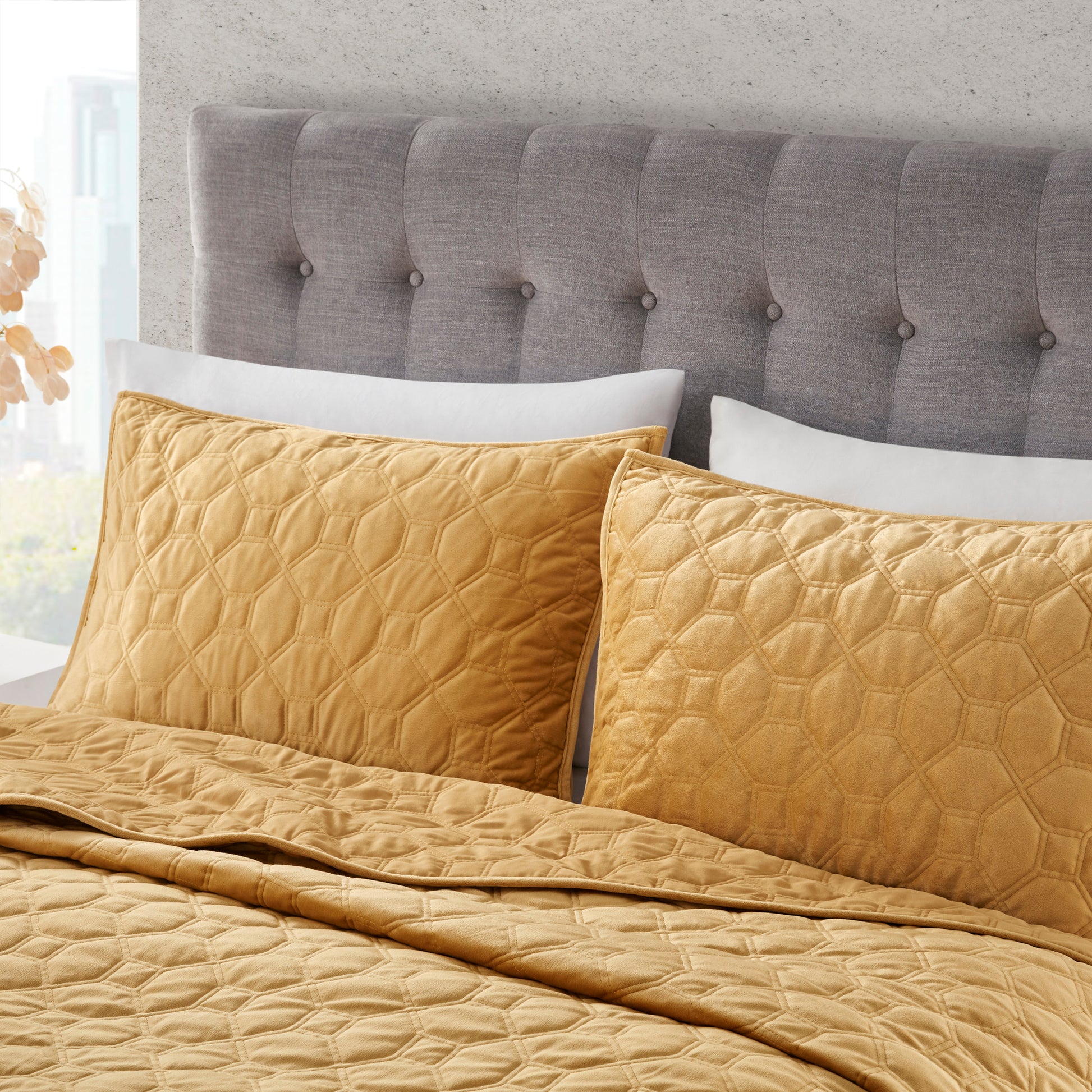 3 Piece Velvet Quilt Set Mustard Full Queen Full Mustard Cotton