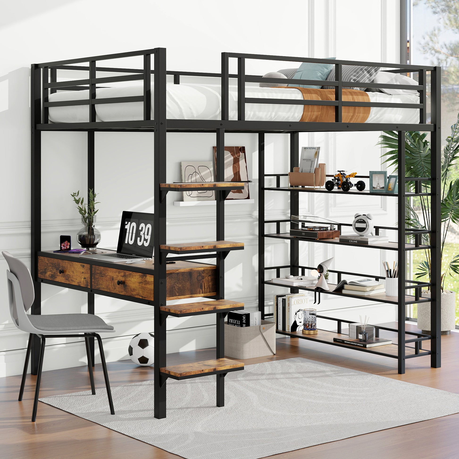 Full Size Metal Loft Bed With Desk And Shelves, Black Expected Arrival Time: 9.18 Box Spring Not Required Full Black Metal Solid Wood Mdf