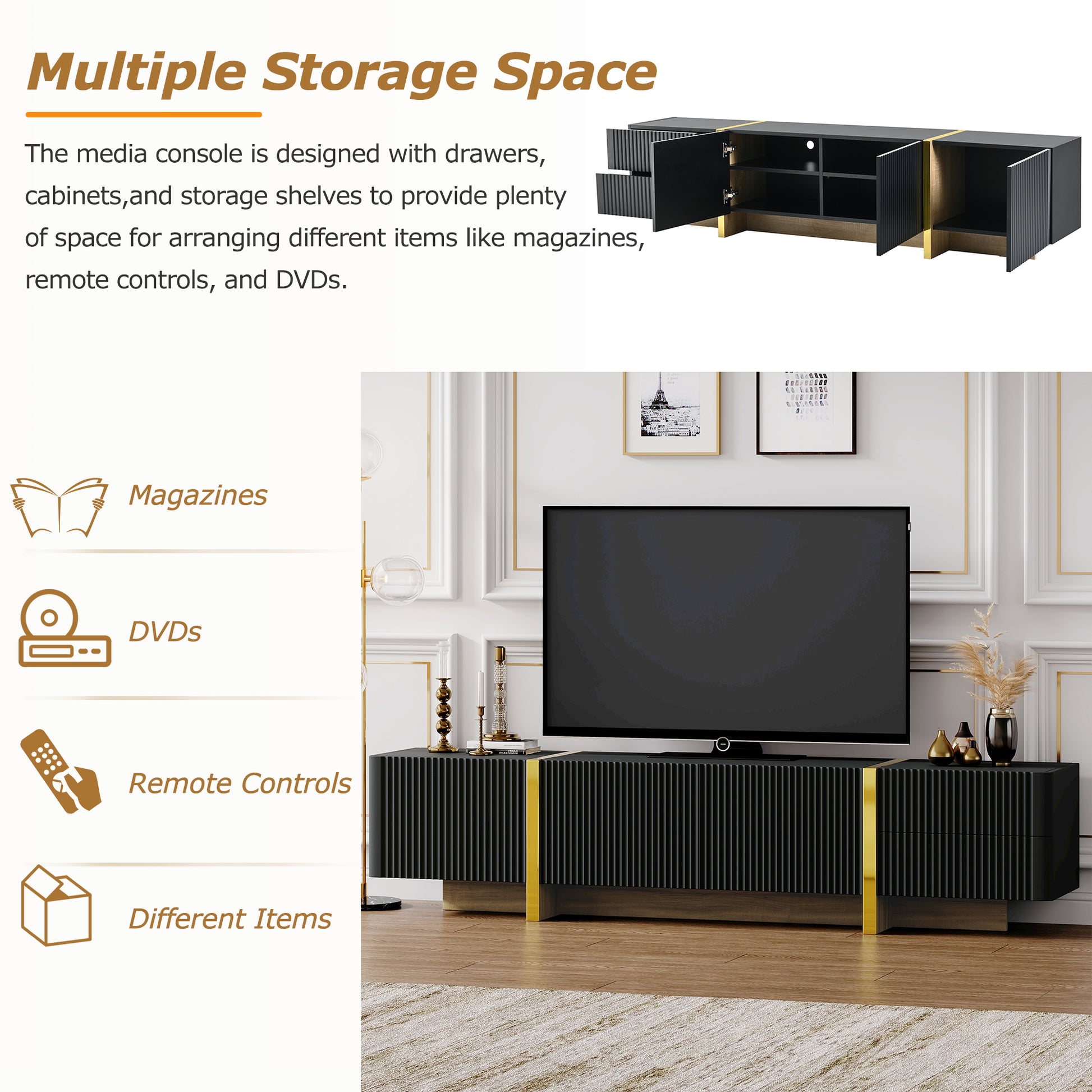 Luxury Fluted Tv Stand For Tvs Up To 80'', Modern Entertainment Center With Storage Cabinets & Drawers, Smooth Media Console With Golden Wood Grain Legs For Living Room, Black Black Primary Living Space 80 89 Inches Particle Board Mdf