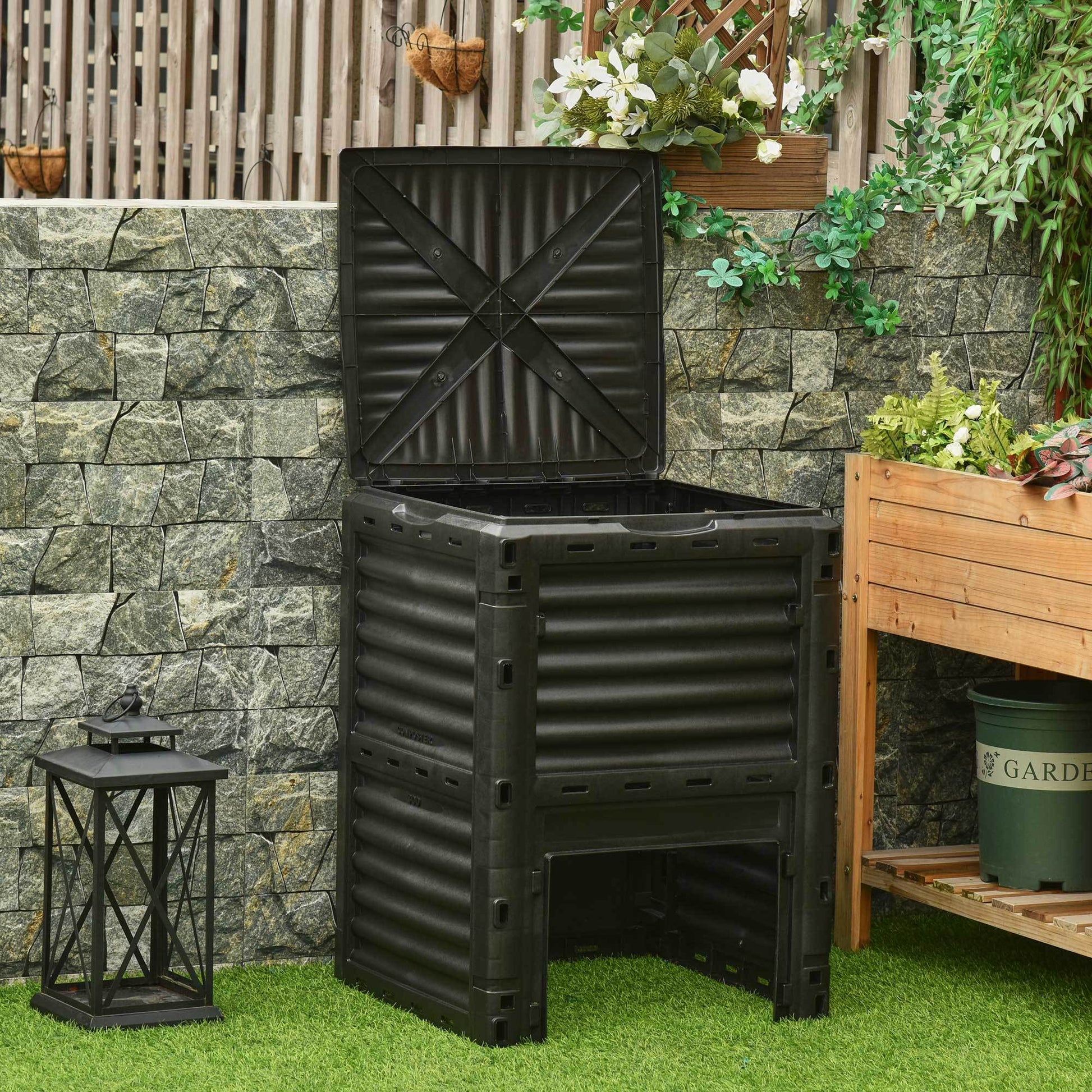 Outsunny Garden Compost Bin 80 Gallon Outdoor Large Capacity Composter Fast Create Fertile Soil Aerating Box, Easy Assembly, Black Black Plastic