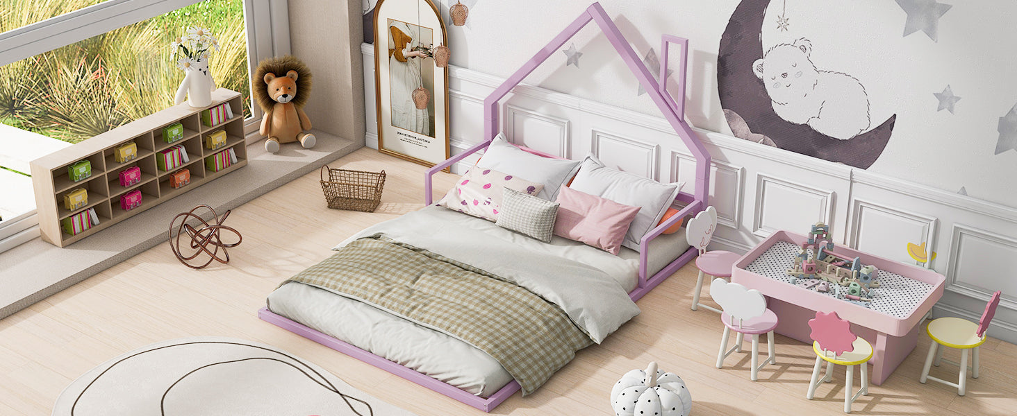 Full Size Metal Floor Bed With House Shaped Headboard, White Box Spring Not Required Full Pink Metal Bedroom Bed Frame Metal