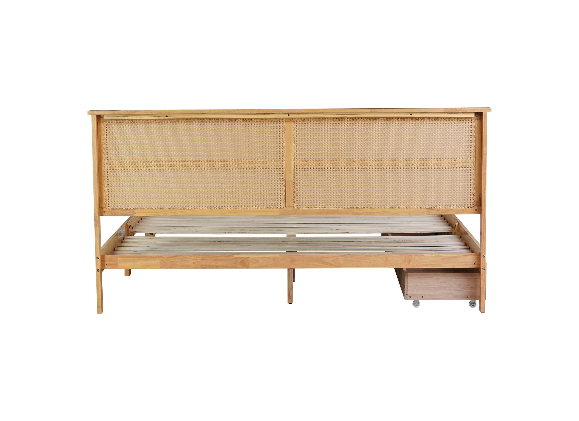 King Size Bed With Rattan Headboard, Two Storage Drawers, Rubber Wood Bed With Enhanced Support Salts And Feet,White Oak King White Oak Rubber Wood