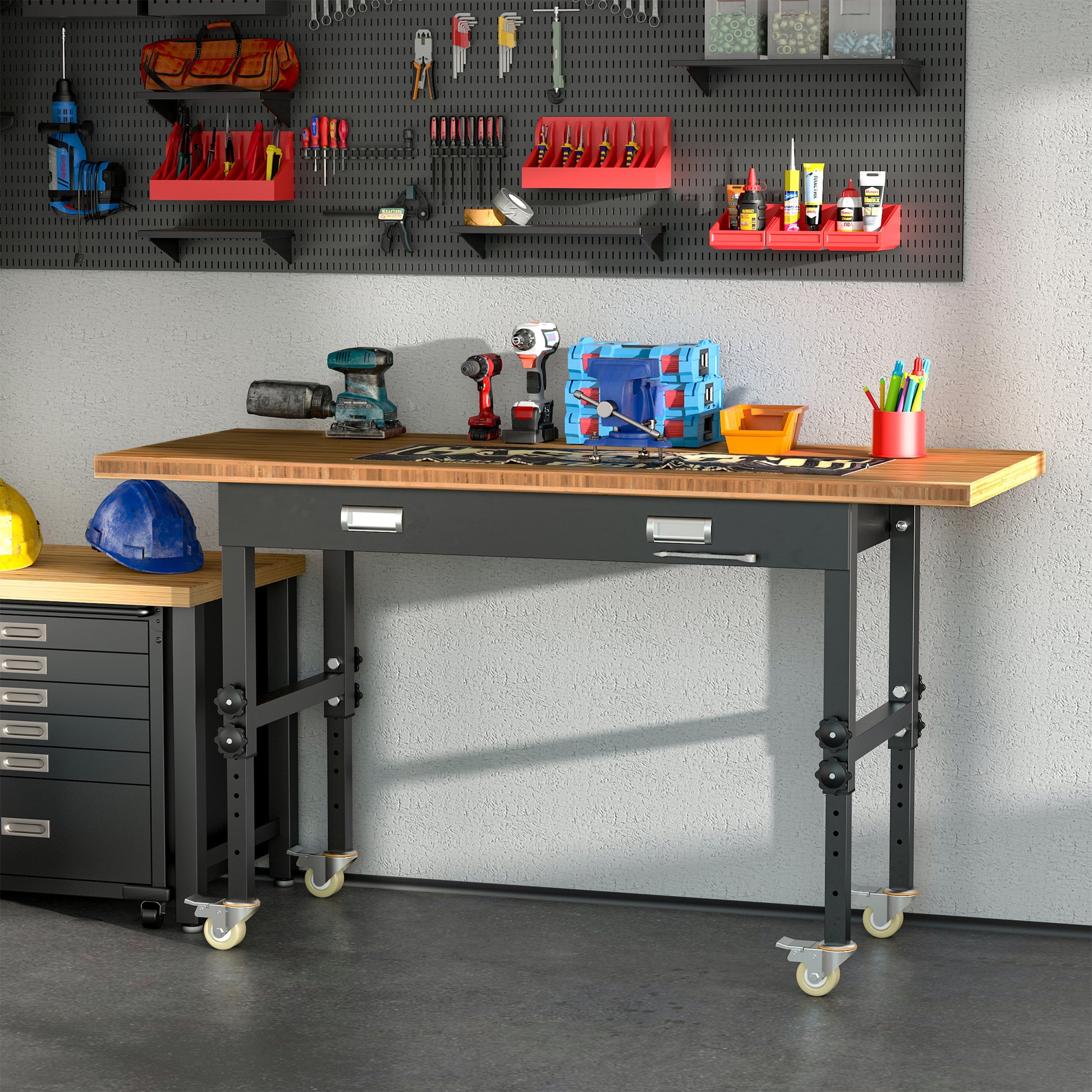 Homcom 59" Work Bench With Drawer, Height Adjustable Legs, Bamboo Tabletop Workstation Tool Table On Wheels For Garage, Weight Capacity 1320 Lbs, Black Natural Natural Wood Bamboo