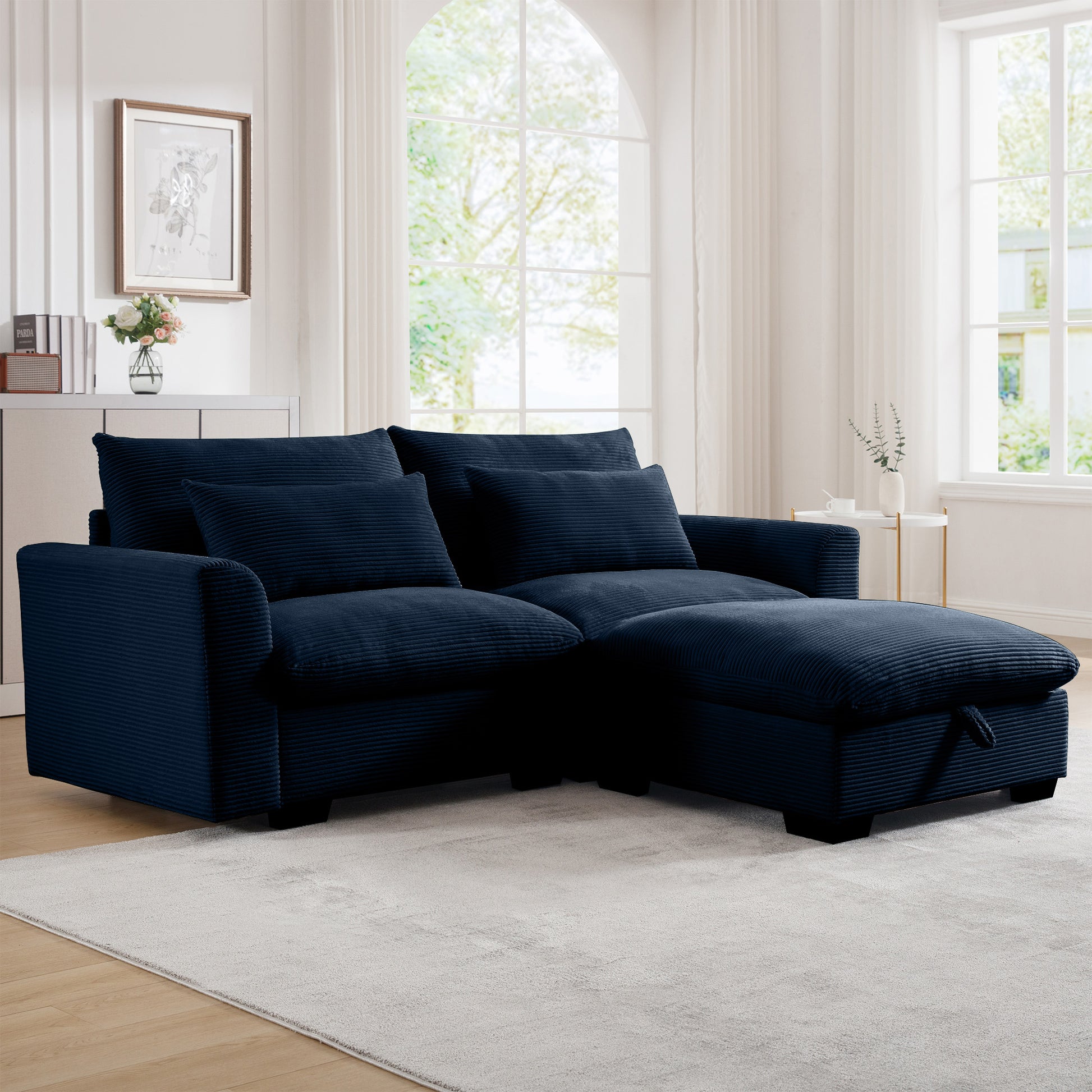 Sectional Sofa Comfy Corduroy Couch For Living Room With Pillows And Round Armrests, Modern Corduroy Sofa Sleeper Deep Couches With Storage Ottoman Blue, 2 Seat Blue Corduroy 2 Seat