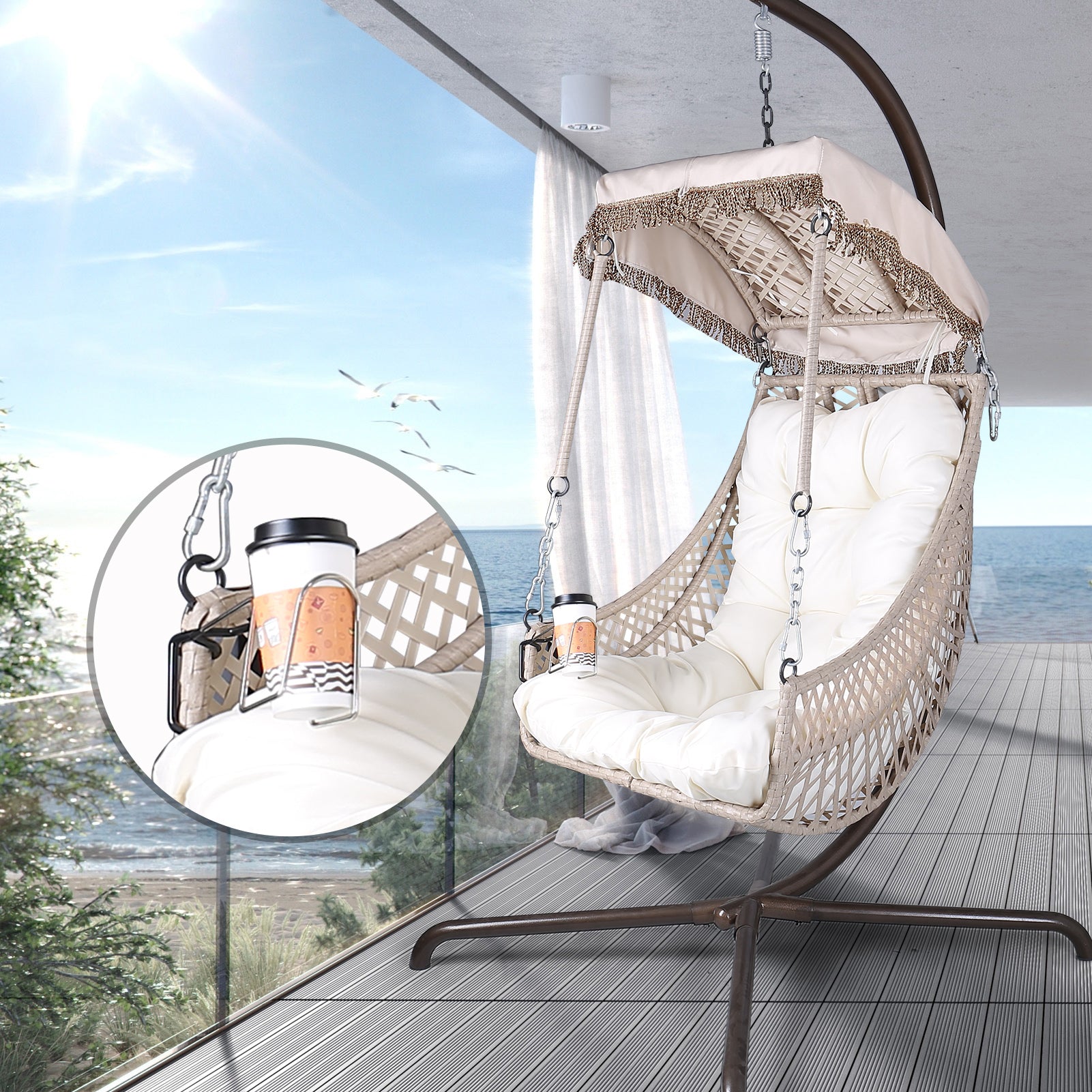 Swing Egg Chair With Stand Indoor Outdoor, Wicker Rattan Frame 350Lbs Capacity Hammock Chair For Patio Bedroom With Sunshade Cloth, Courtyard, Cushion And Pillow Beige Leaf Rattan Metal