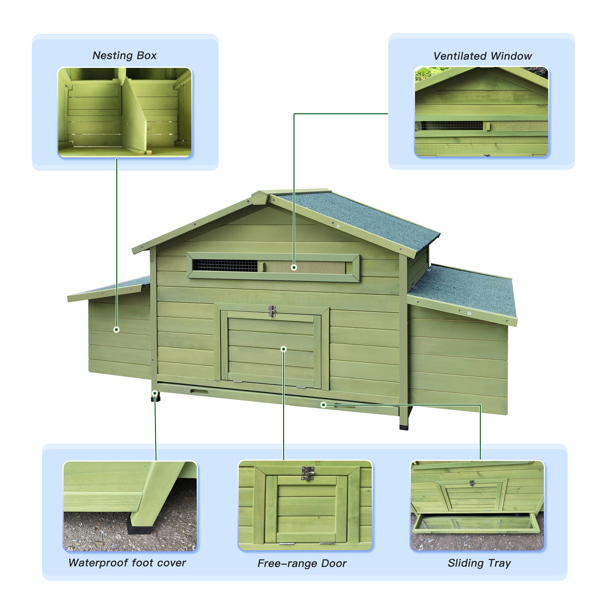 Wooden Chicken Coop Hen House Poultry Cage With 2 Sides Large Nesting Boxes,2 Free Range Doors Green Wood