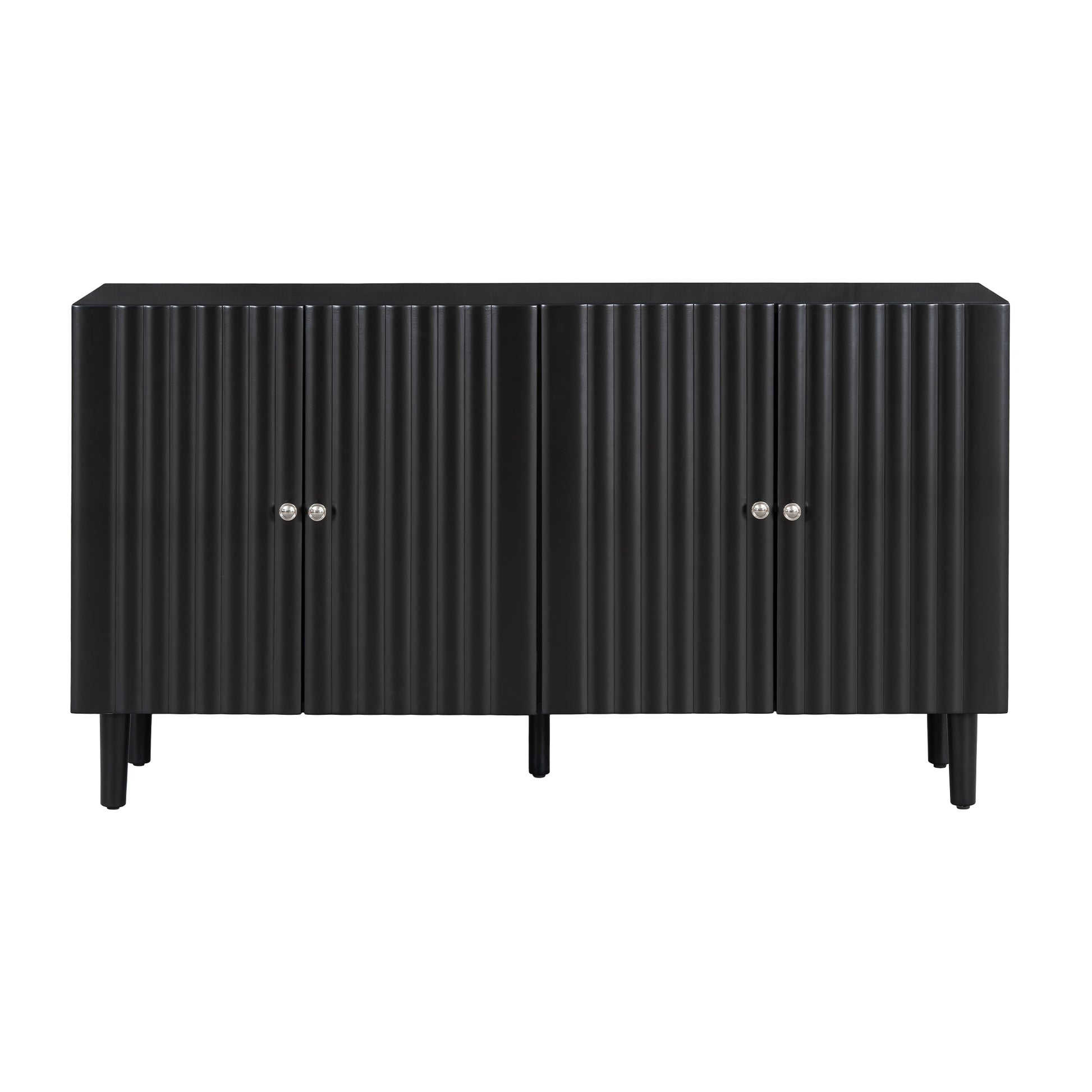 Elegant Four Door Sideboard With Wavy Pattern Doors, Cylindrical Legs, And Sleek Metal Handles, Adjustable, Suitable For Study, Entryway And Living Room Black Primary Living Space American Design