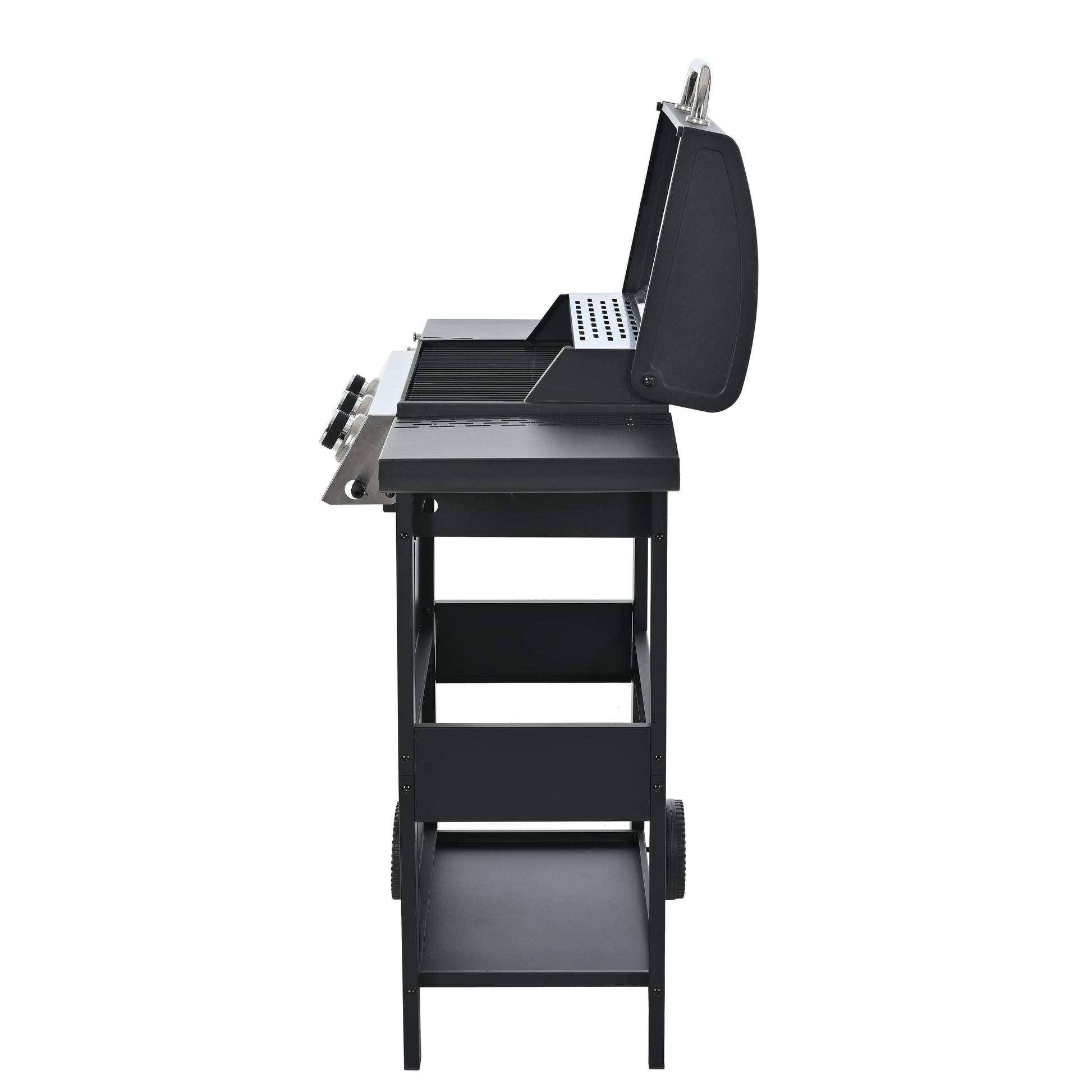 Propane Gas Grill 4 Burner Barbecue Grill, Stainless Steel 34,000 Btu Patio Garden Barbecue Grill With Two Shelves, Lid, Wheels And Bottle Opener Black Iron