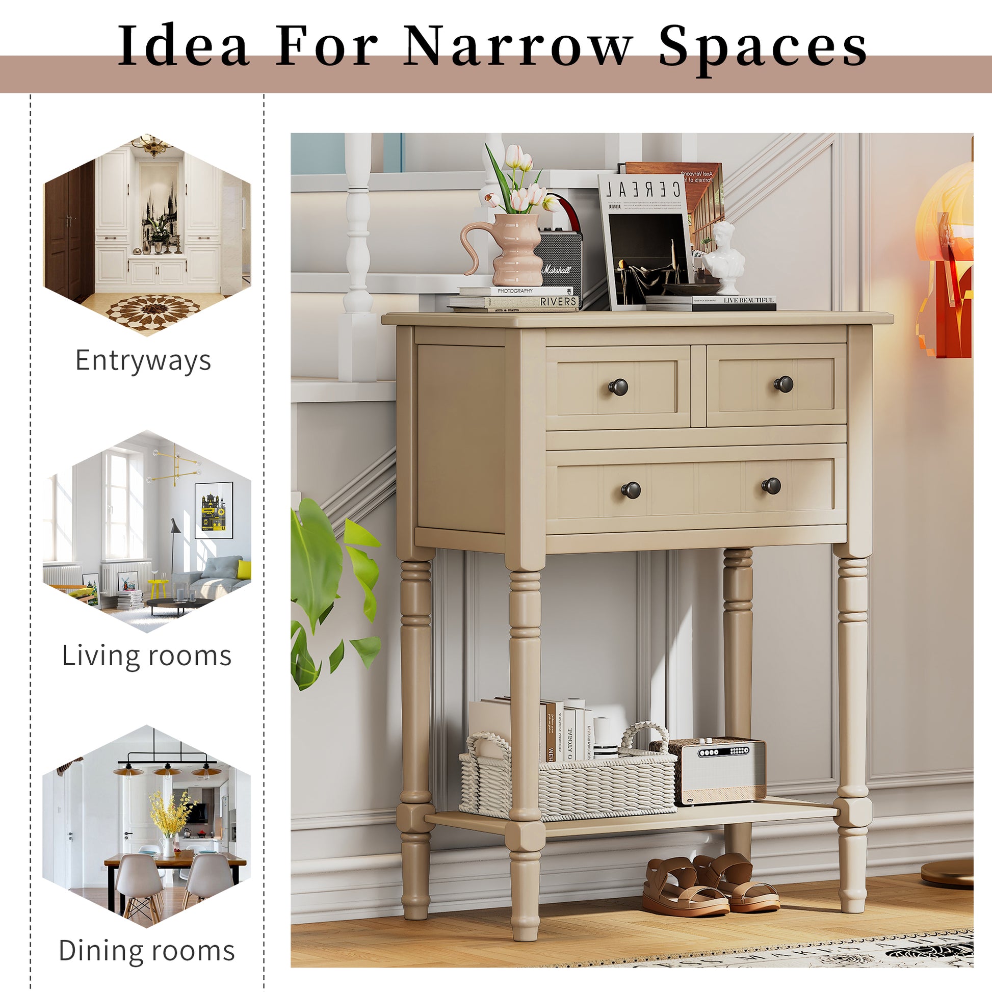 Narrow Console Table, Slim Sofa Table With Three Storage Drawers And Bottom Shelf Beige Beige Solid Wood Mdf