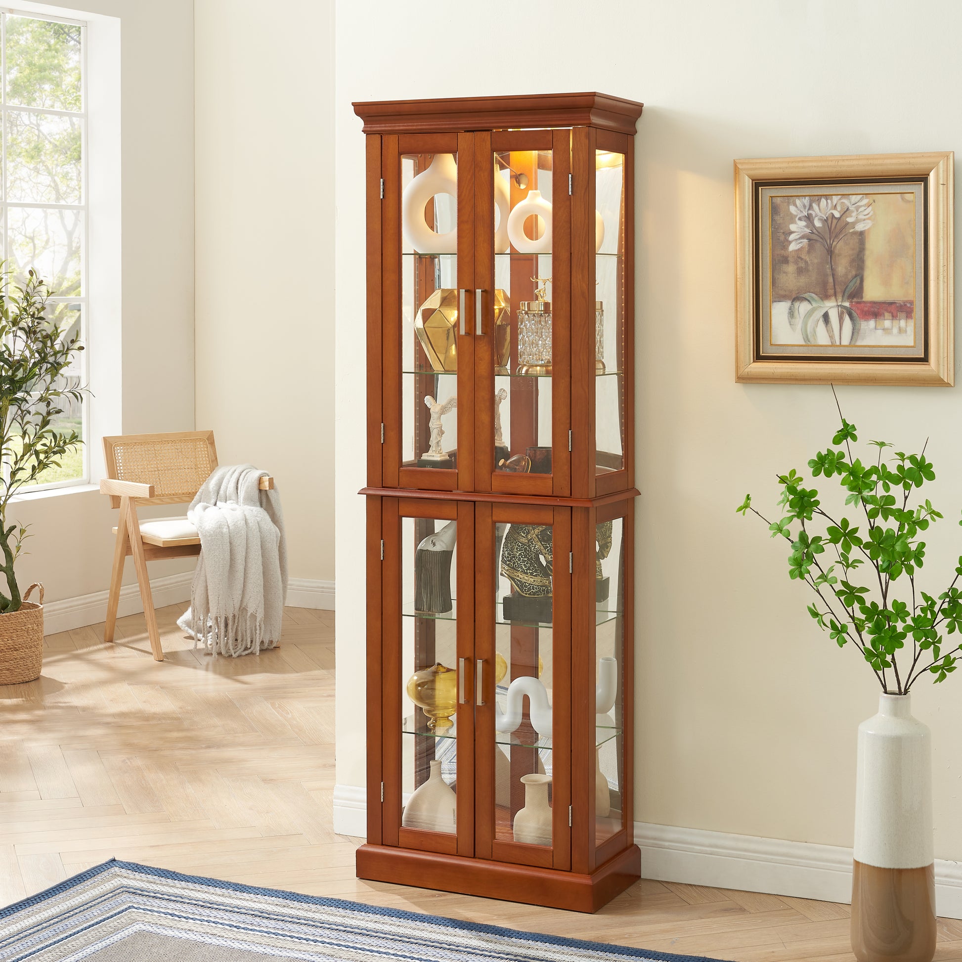 Curio Cabinet Lighted Curio Diapaly Cabinet With Adjustable Shelves And Mirrored Back Panel, Tempered Glass Doors Walnut, 6 Tier , E26 Light Bulb Not Included Walnut Mdf