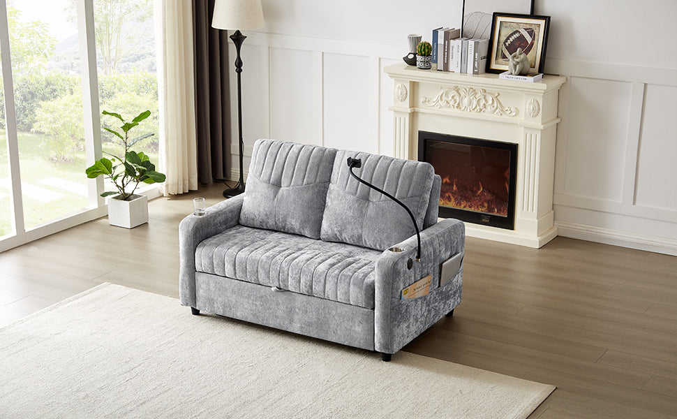 53.9" Modern Loveseat Pull Out Sofa Bed With Adjustable Backrest, Two Cup Holdersa Phone Holder, Three Charging Ports And Side Storage Pockets For Living Room, Grey Grey Foam Chenille