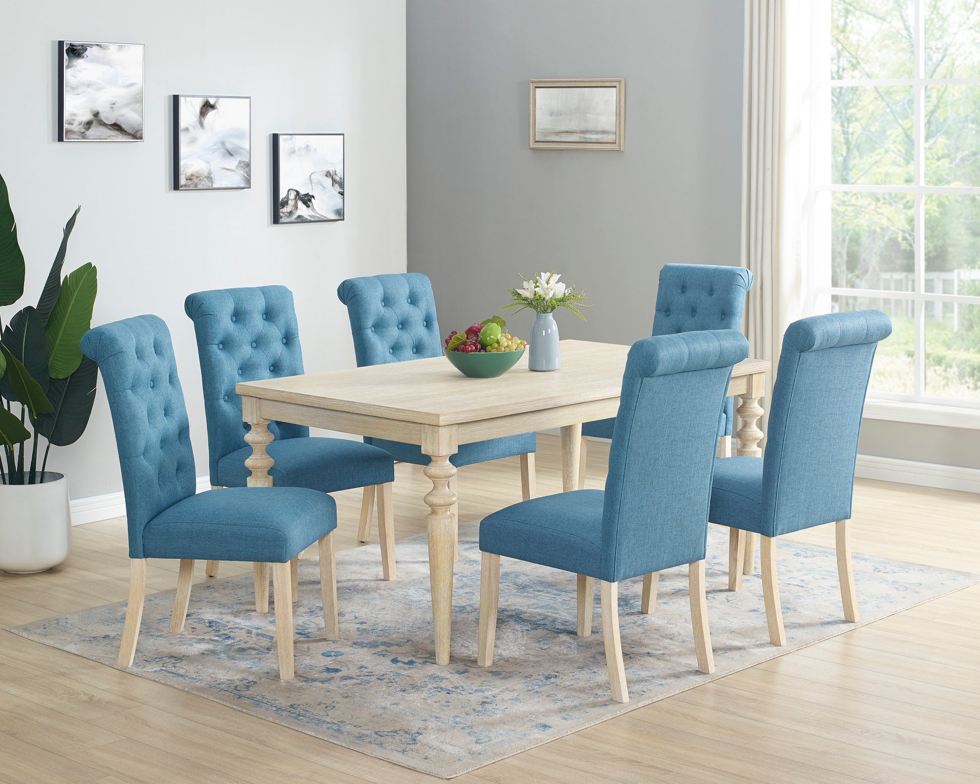 Amonia 7 Piece Dining Set, Turned Leg Dining Table With 6 Tufted Chairs Light Brown Wood Dining Room Fixed Table Rubberwood Rectangular Dining Table With Chair Wood Wood Beige Brown Seats 6 Rectangular 4 Leg Mdf