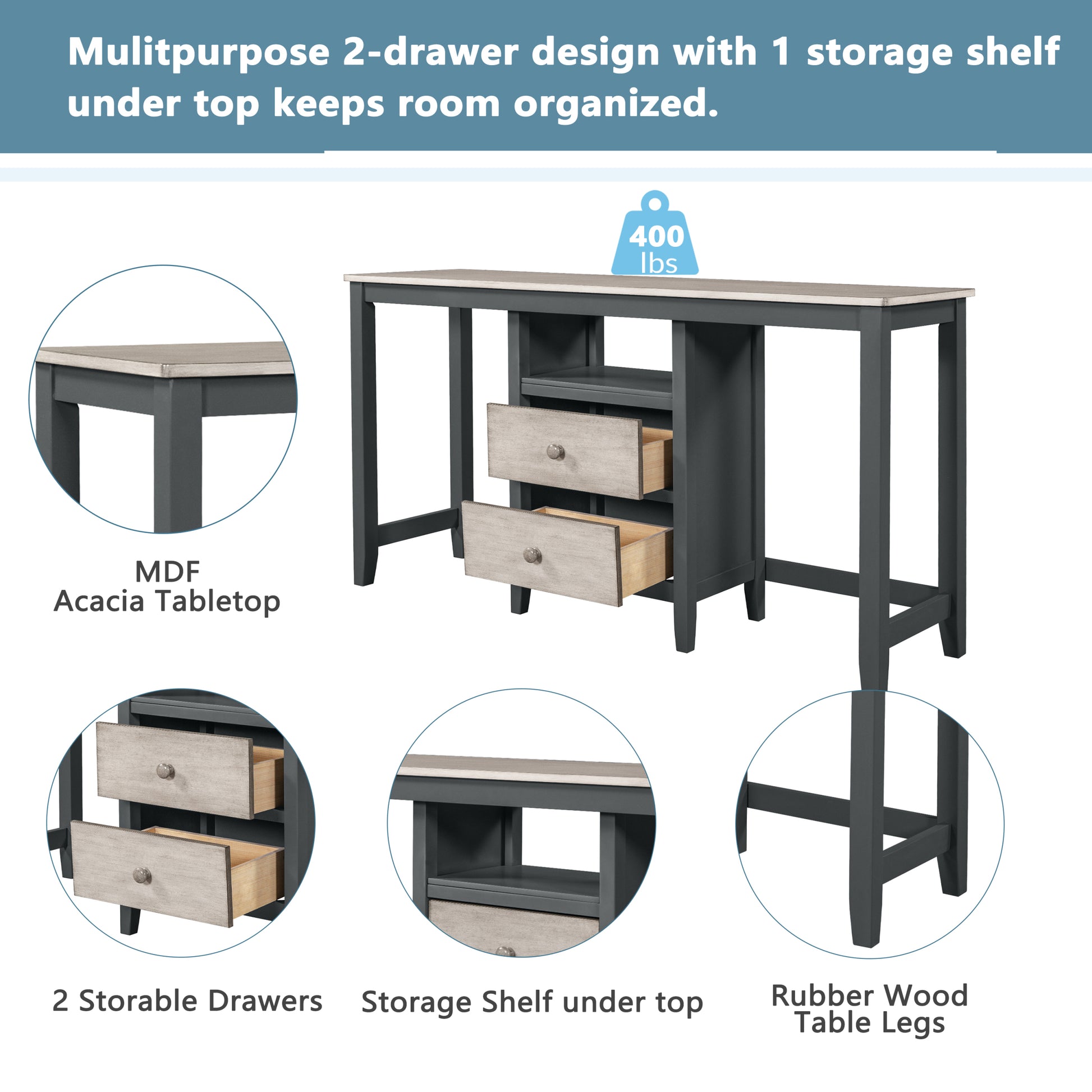 Farmhouse Rustic 3 Piece Counter Height Wood Dining Table Set With Cabinet,2 Storage Drawers And 2 Stools For Small Places, Gray And Distressed Light Gray Upholstered Chair Wood Gray Seats 2 Gray Wood Dining Room Farmhouse Rubberwood Rectangular Foam