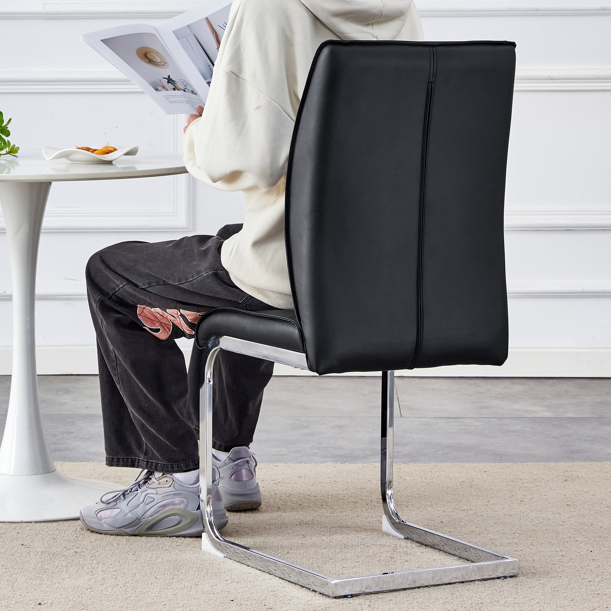 Luxury Simple Arch Chair Set Of 2 Black Pu Material High Resilience Dining Chair With Arched Metal Silver Leg. Black Silver Set Of 2 Metal,Pu