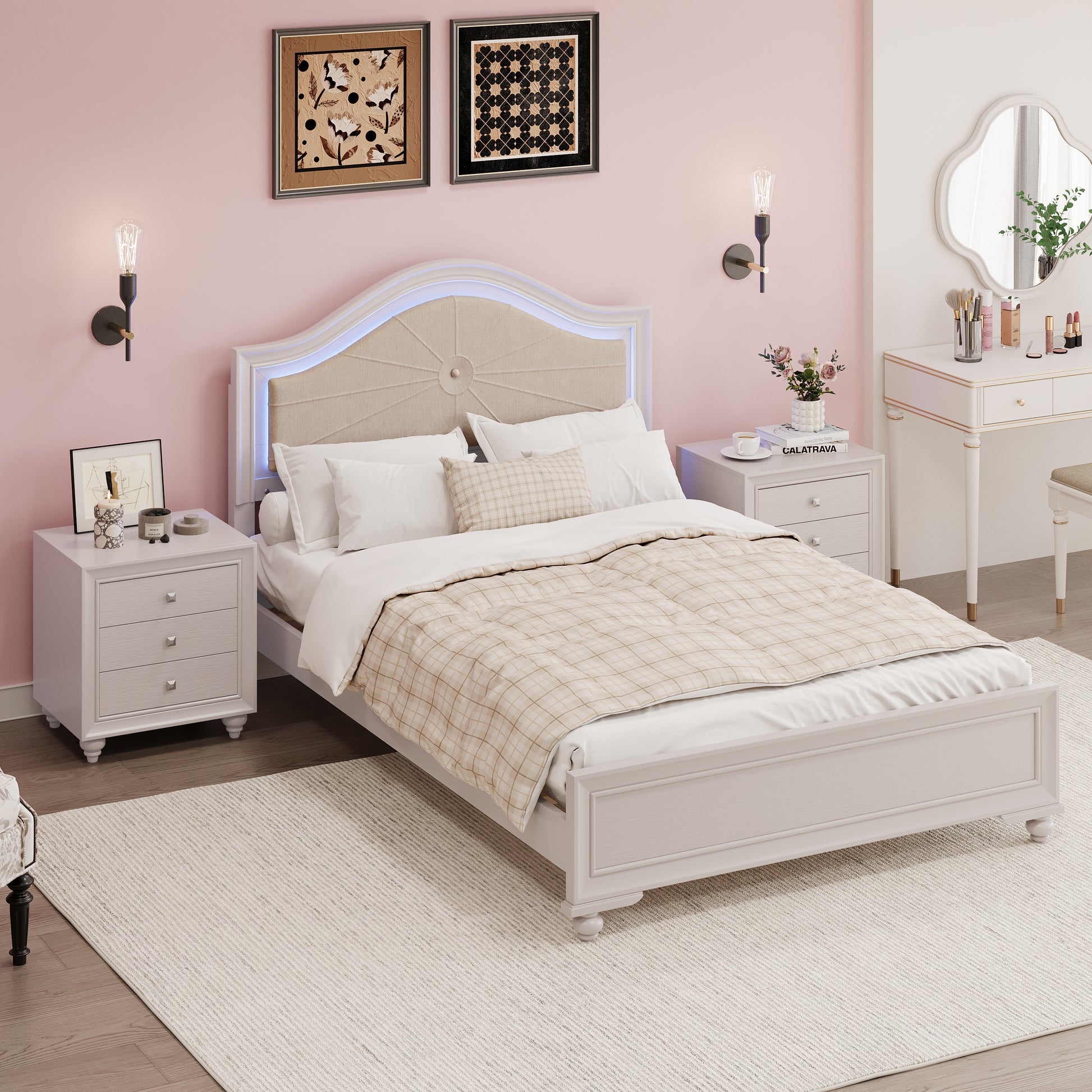 3 Pieces Bedroom Sets Full Size Wood Bed With Hidden Led Light Upholstered Headboard 2 Nightstands, Cream Grey Full Cream Grey 3 Piece Set Upholstered,Wood