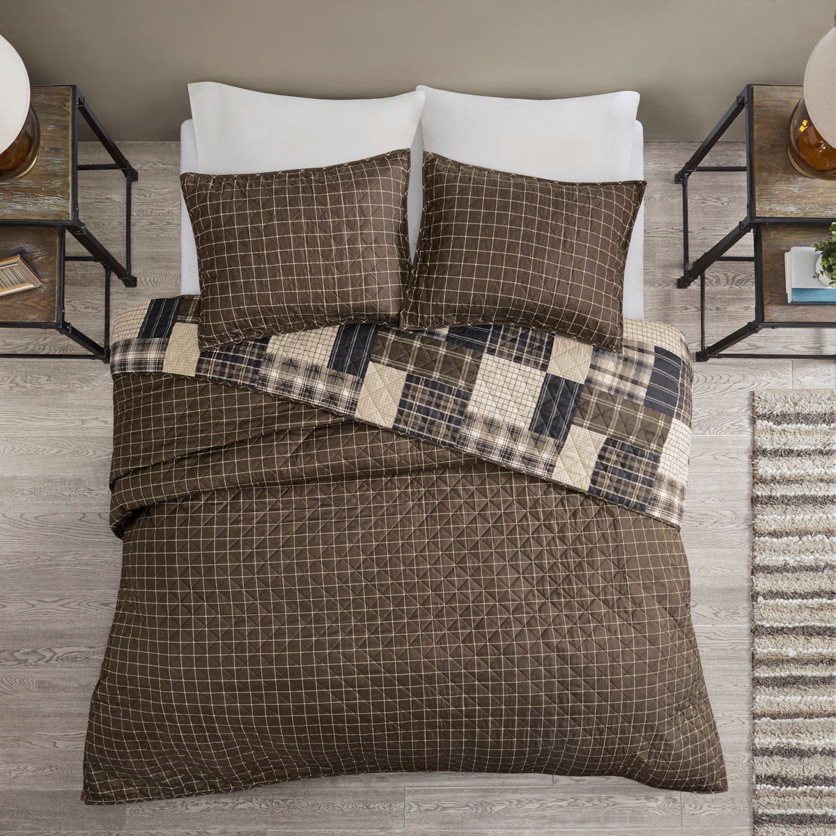3 Piece Reversible Printed Quilt Set Black Brown King Cal King Black Brown Microfiber