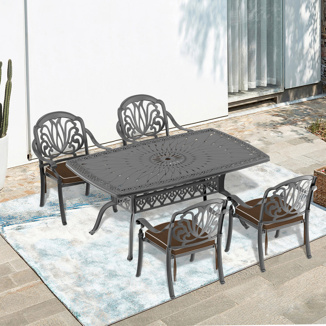 Cushions In Random Colors 5 Piece Set Of Cast Aluminum Patio Furniture With Cushions Yes Dining Set Black Seats 4 Rust Resistant Frame Water Resistant Cushion Garden & Outdoor Complete Patio Sets Aluminium