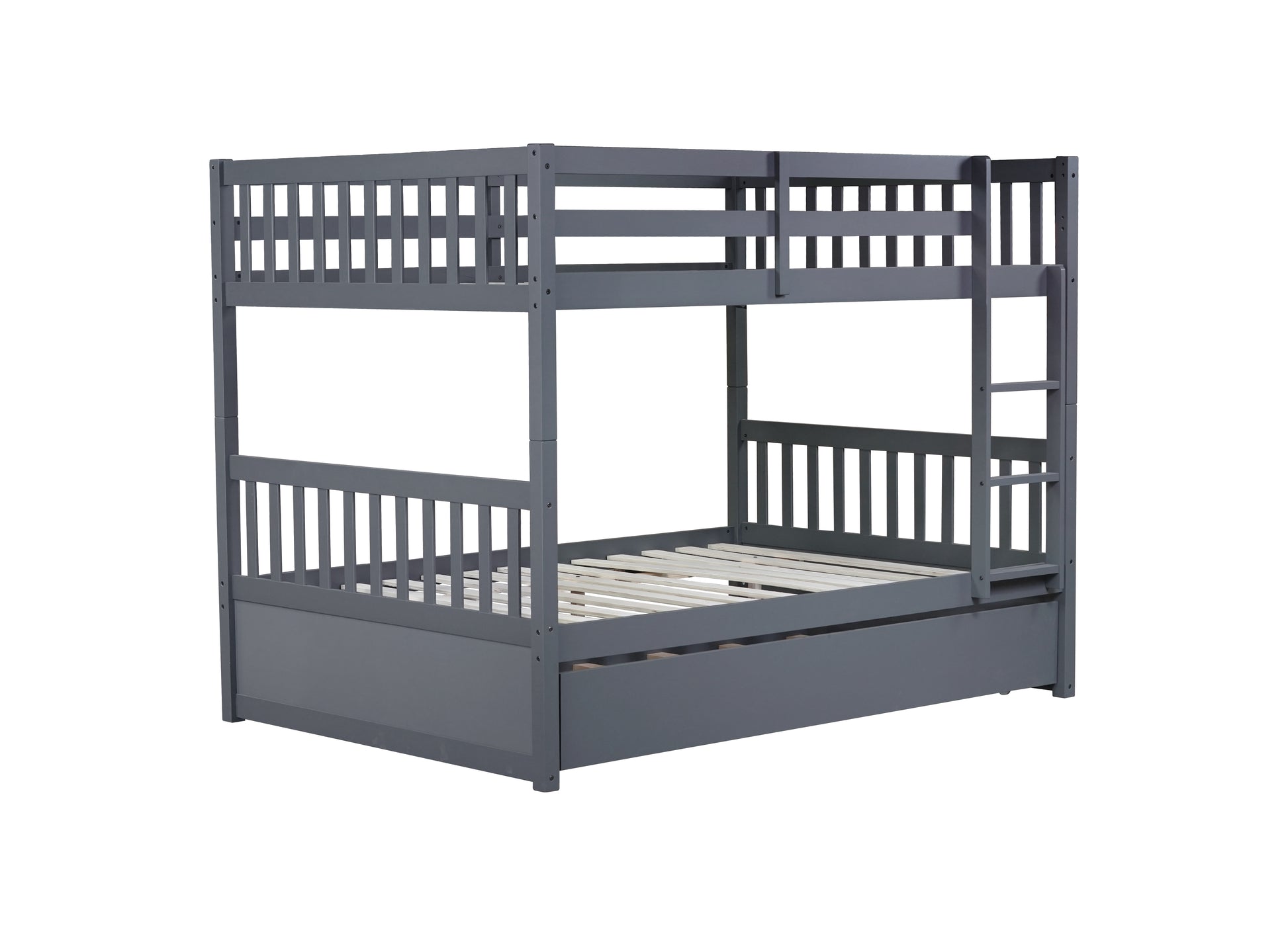 Full Over Full Rubber Wood Bunk Bed With Trundle, Ladder And Guardrails, Convertible To 2 Full Size Beds, With Twin Size Trundle ,Dark Grey Full Dark Grey Bedroom American Design Bed Frame Rubber