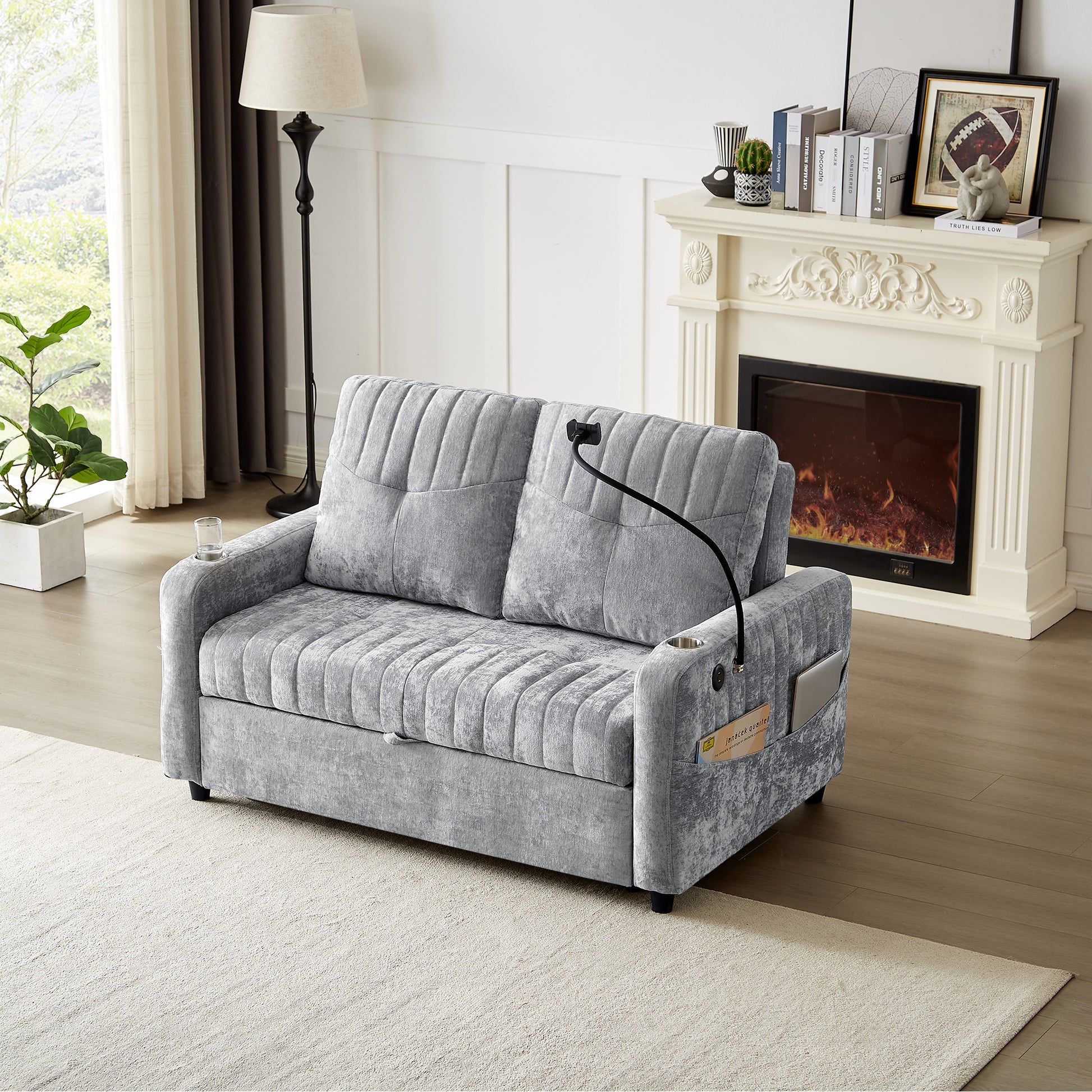 53.9" Modern Loveseat Pull Out Sofa Bed With Adjustable Backrest, Two Cup Holdersa Phone Holder, Three Charging Ports And Side Storage Pockets For Living Room, Grey Grey Foam Chenille