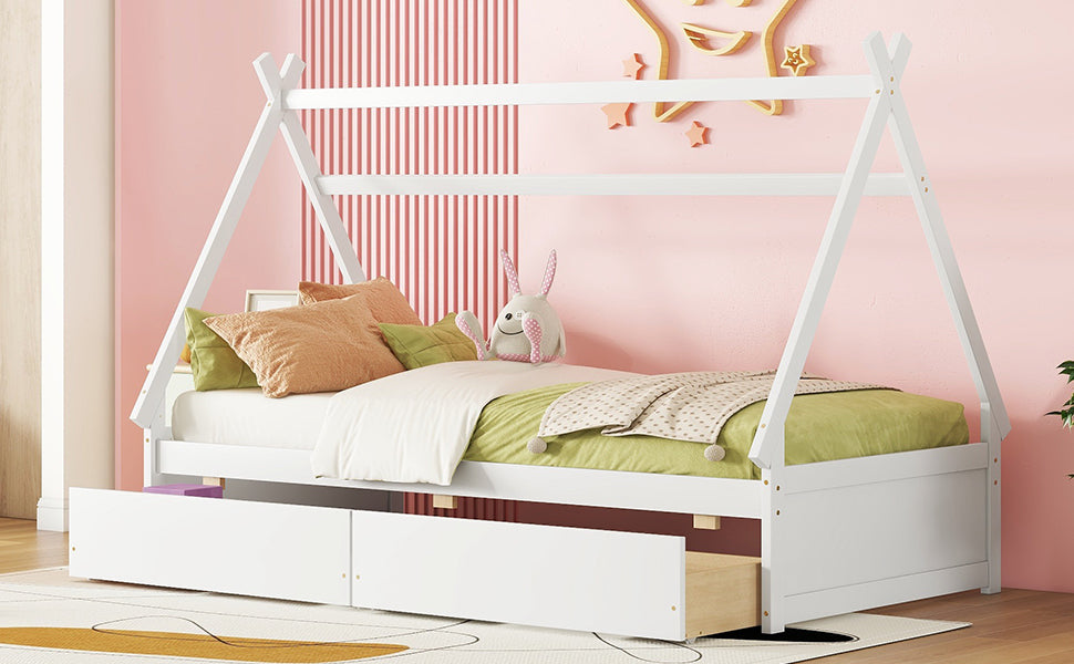 Twin Size House Platform Bed With Two Drawers,Headboard And Footboard, White Twin White Pine