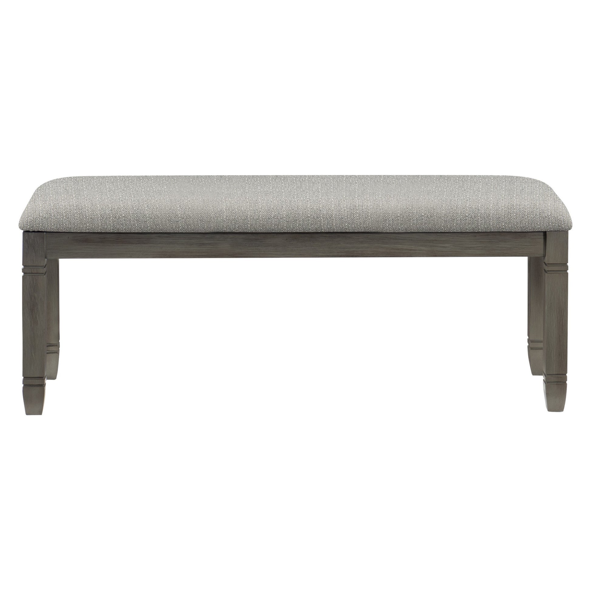 Rome 48 Inch Bench, Gray Textured Fabric, Padded Seat, Antique Gray Wood Gray Wood Fabric