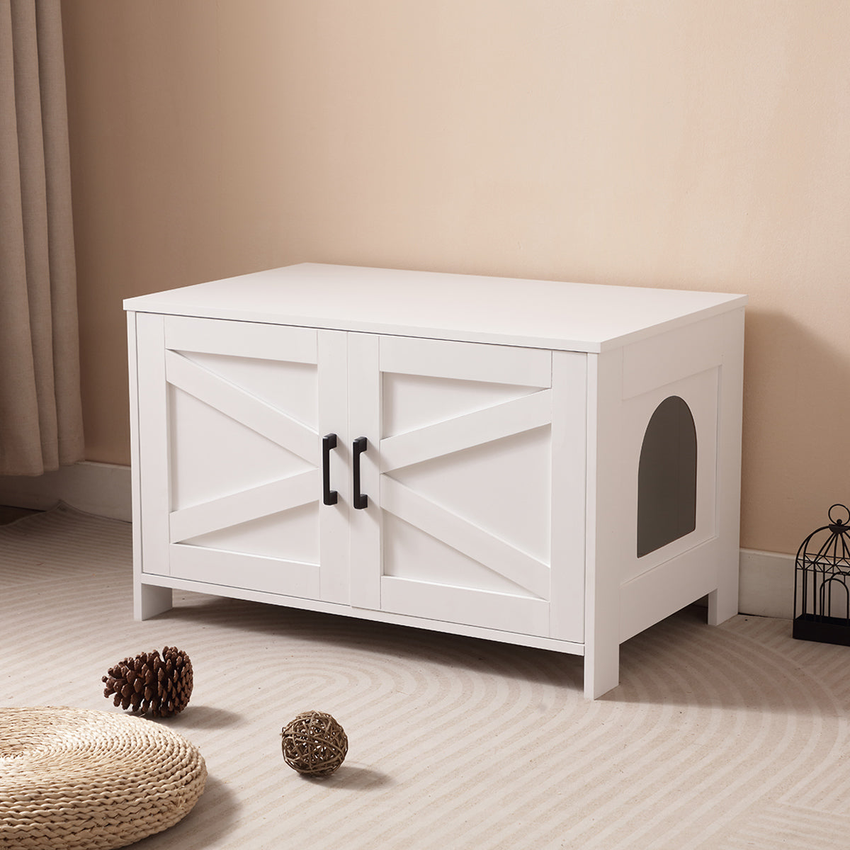 Cat Litter Box Enclosure, Litter Box Furniture Hidden With Barn Door, Wooden Cat Washroom Furniture, Cat House, End Table, Fit Most Of Litter Box, White White Engineered Wood