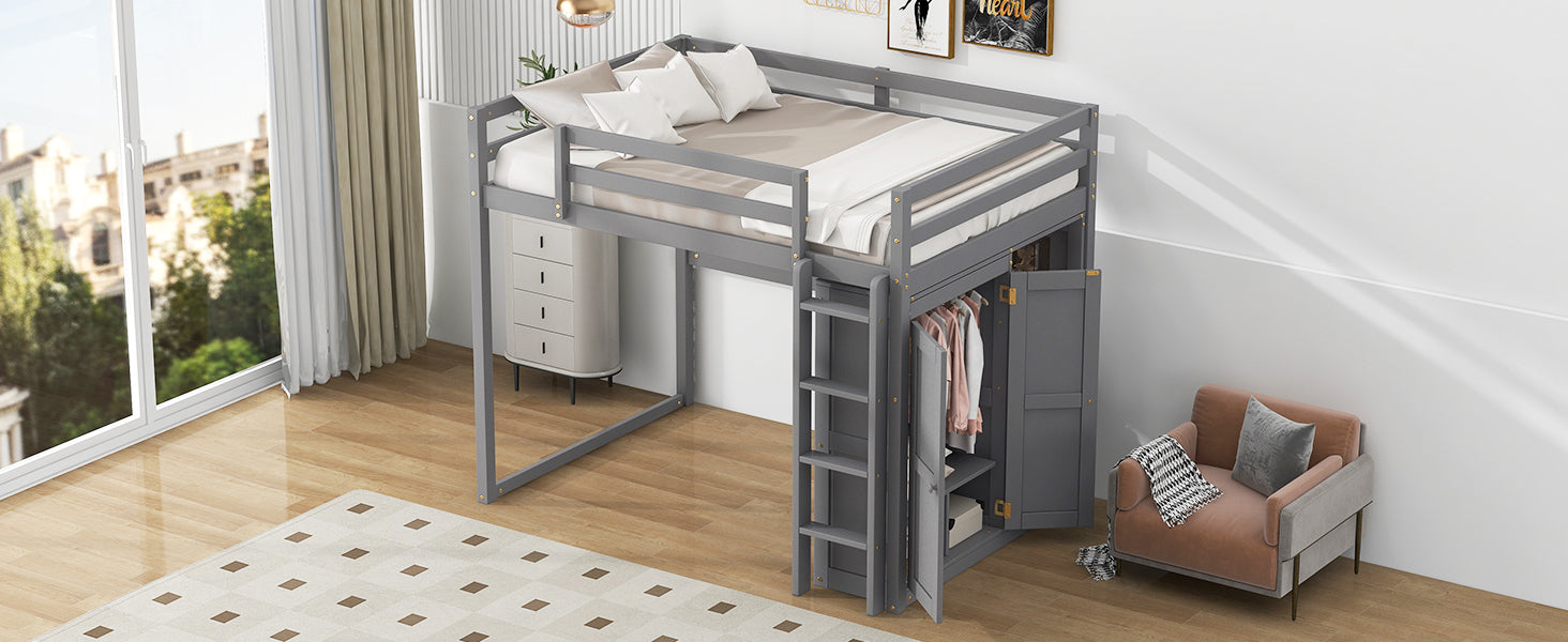 Wood Full Size Loft Bed With Built In Wardrobe And Storage Shelves, Led Light, Gray Box Spring Not Required Full Gray Wood Bedroom Bed Frame Solid Wood Mdf