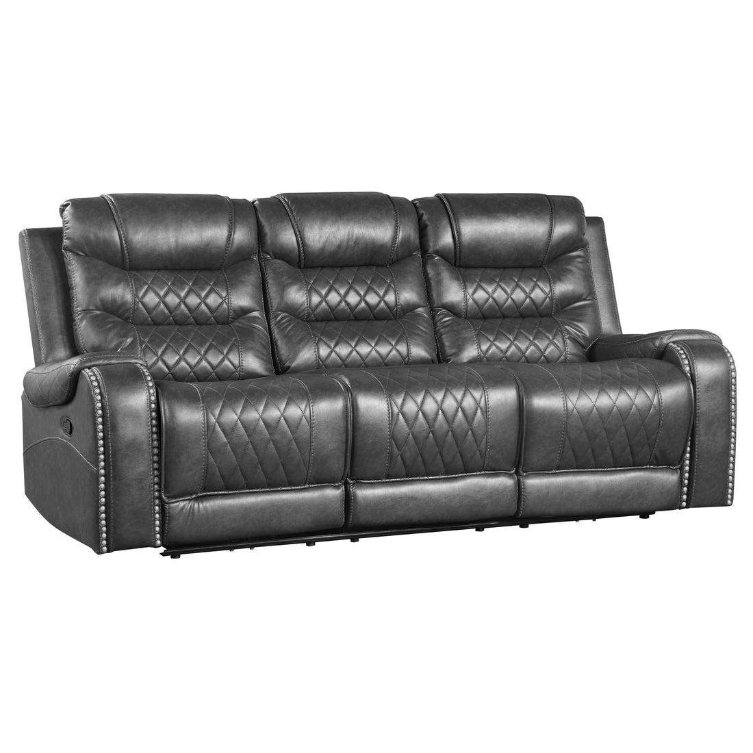 Luxurious Living Room Furniture 1Pc Gray Double Reclining Sofa With Center Drop Down Cup Holders, Receptacles Usb Ports,Faux Leather Upholstery Diamond Pattern Stitching Gray Faux Leather Wood Primary Living Space Luxury,Modern Solid Wood 3 Seat