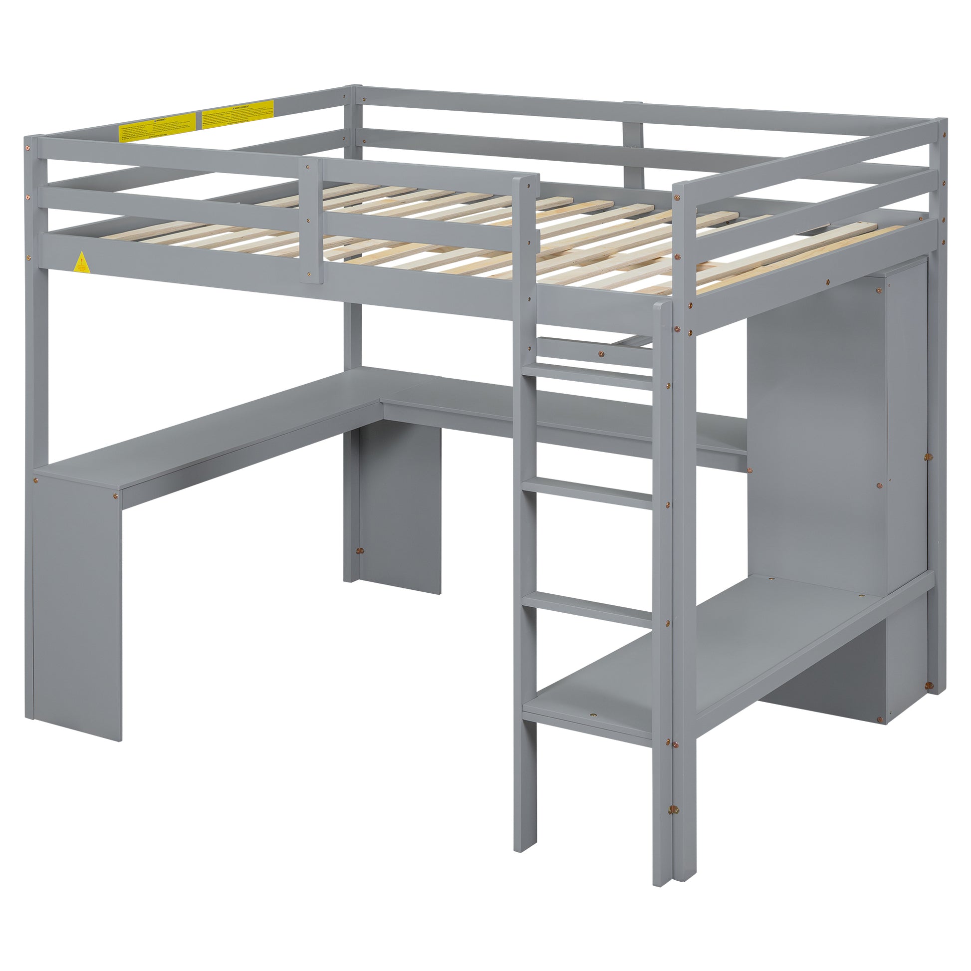Full Size Loft Bed With L Shaped Desk, Wardrobe And Storage Shelves, Grey Box Spring Not Required Full Grey Wood Bedroom Solid Wood Mdf