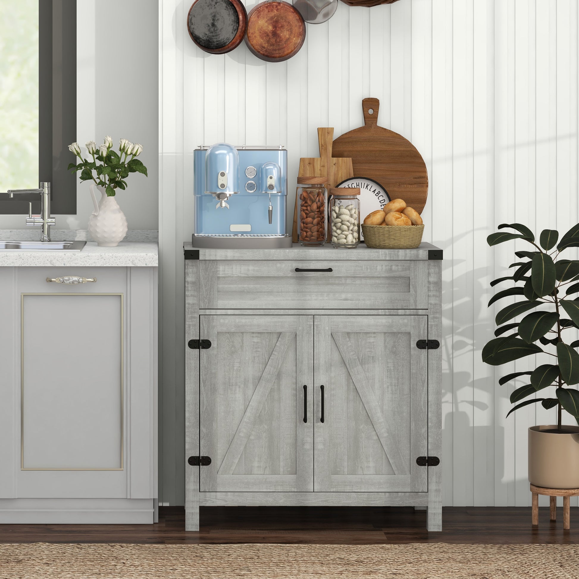 Homcom Sideboard Buffet Cabinet With Storage Drawer, Modern Farmhouse Kitchen Cabinet With 2 Barn Doors, Coffee Bar Cabinet, Gray Stone Gray Particle Board