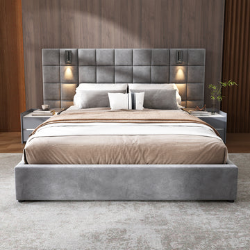 Upholstered Queen Bed,With Reading Lamp And Usb Port, Wide Headboard,Without Bedside Tables And Mattress, Velvet, Grey Queen Grey Wood Foam,Upholstered,Velvet