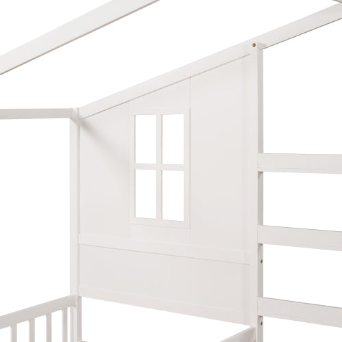 Wood House Bed Twin Size, 2 Twin Solid Bed L Structure With Fence And Slatted Frame, White Twin White Plywood