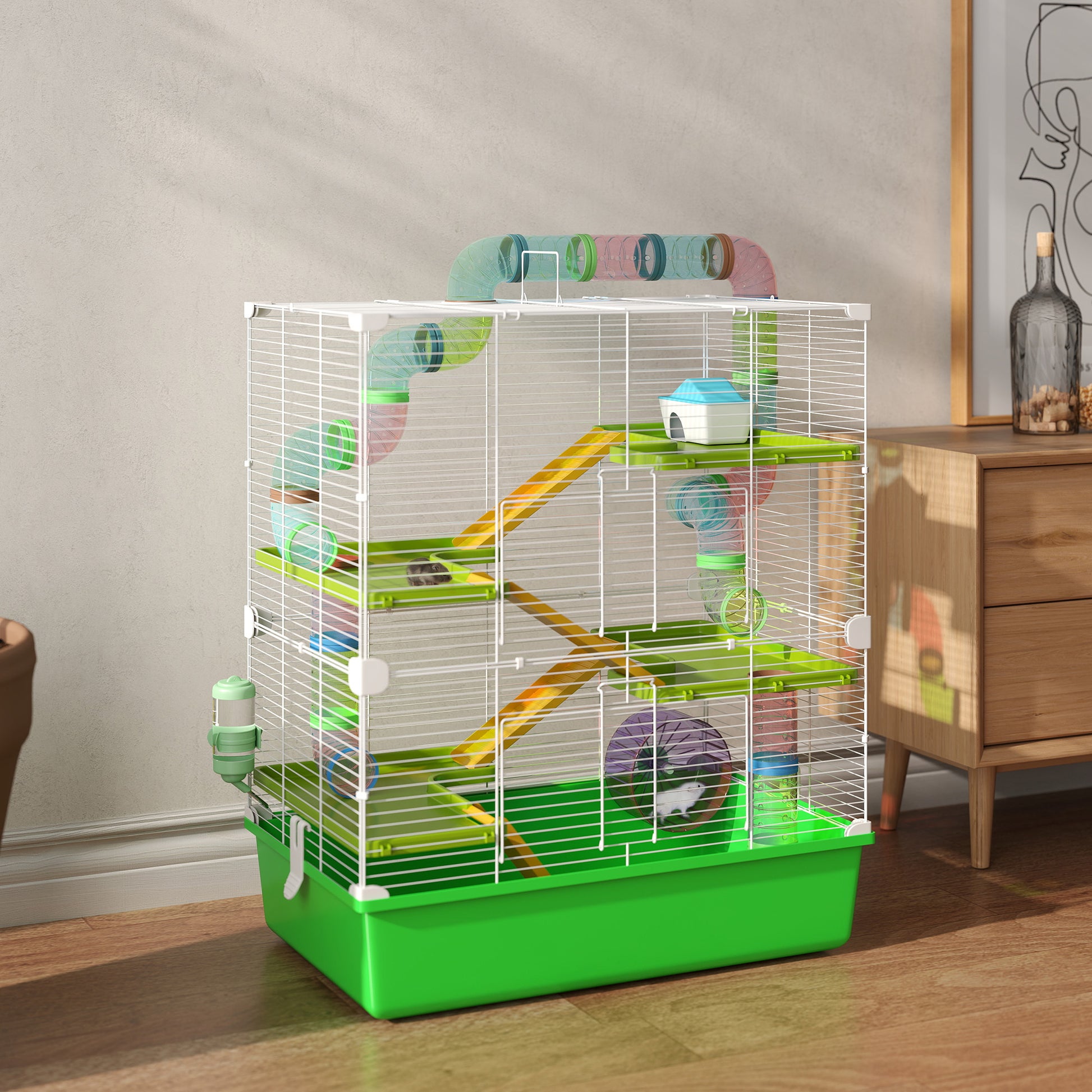 Pawhut Extra Large 23" Hamster Cage With Tubes And Tunnels, Portable Carry Handles, Rat House And Habitats Big 5 Tier Design, Mouse Cage Includes Exercise Wheel, Water Bottle, Food Dish, Green Green