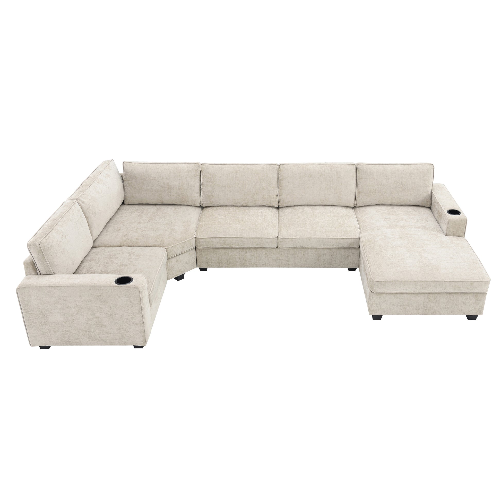 119*67" U Shaped Sectional Sofa,6 Seat Chenille Couch Set With Oversized Chaise Lounge,Irregular Corner,Deep Seat Comfy Sofa With Cup Holders For Living Room,Apartment,2 Colors Beige Chenille 6 Seat