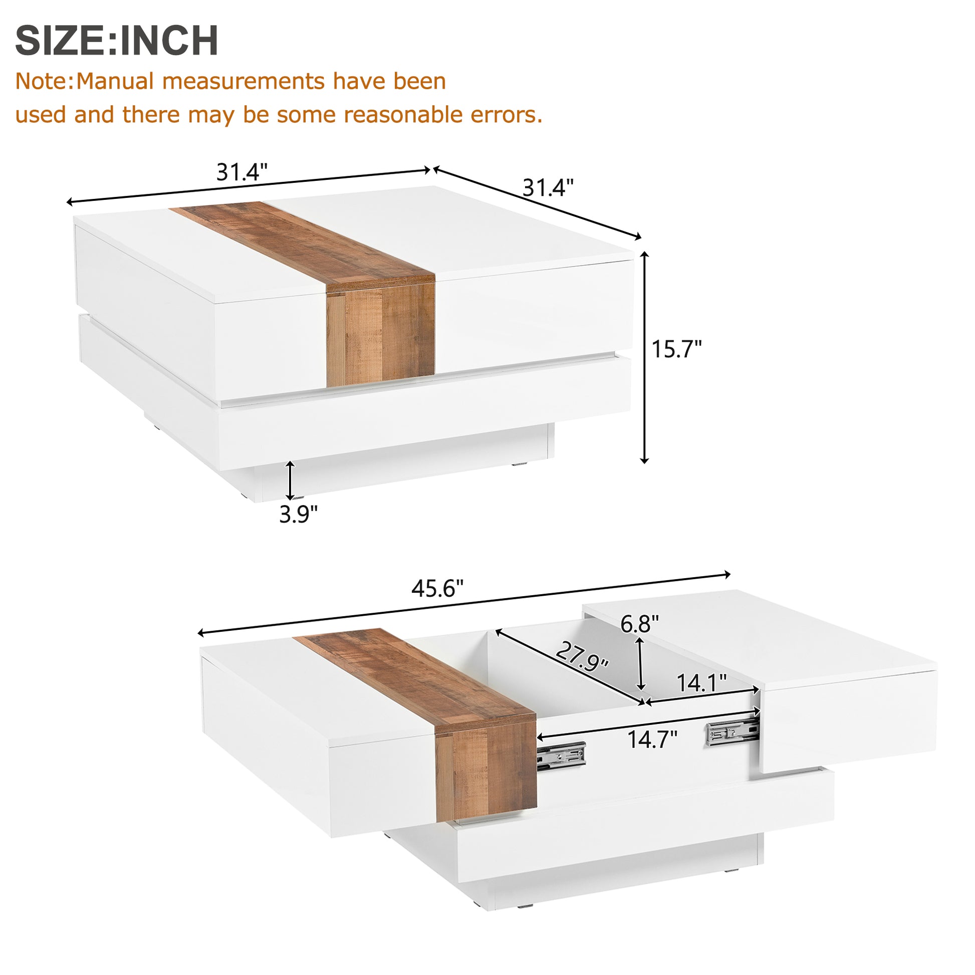 31.4'' X 31.4'' Square Coffee Table With Sliding Tabletop, High Gloss Center Table With Hidden Storage Compartment, Extendable Cocktail Table With Walnut Grain Finish For Living Room, White White Square Mdf