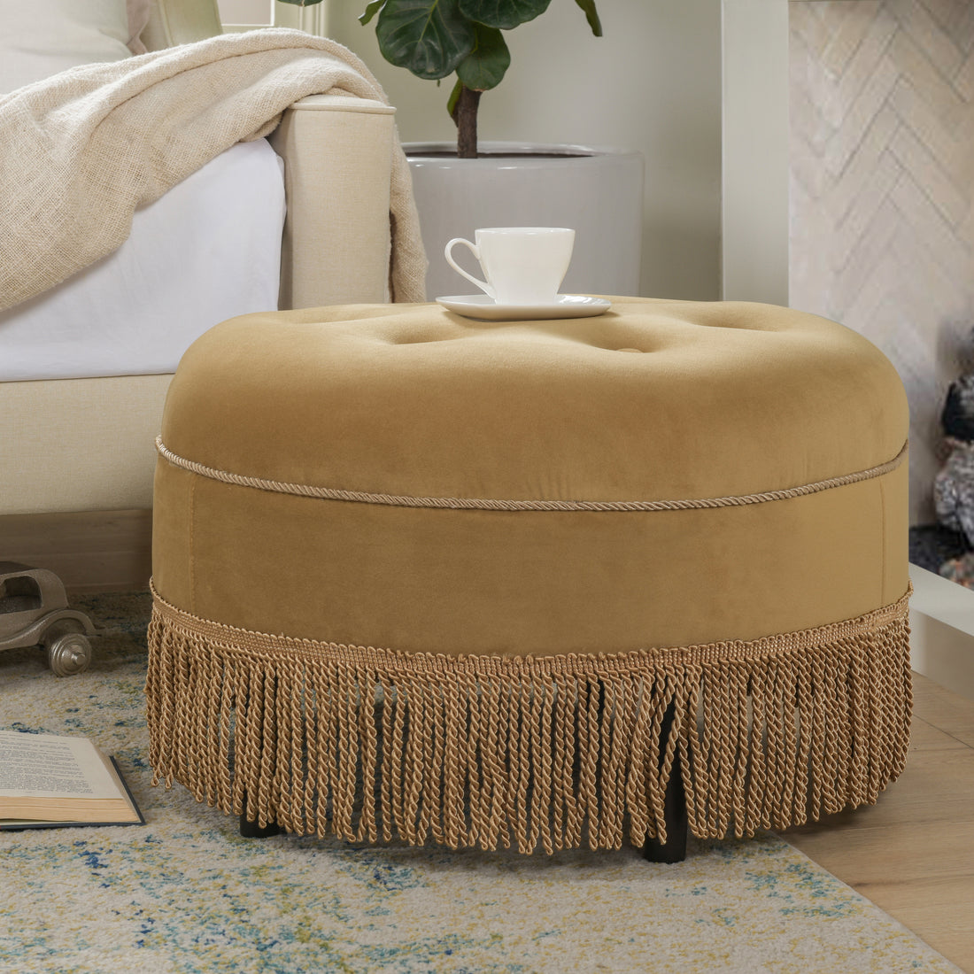 Yolanda 24" Round Upholstered Accent Ottoman, Gold Yellow Velvet With Gold Trim Yellow Foam Velvet