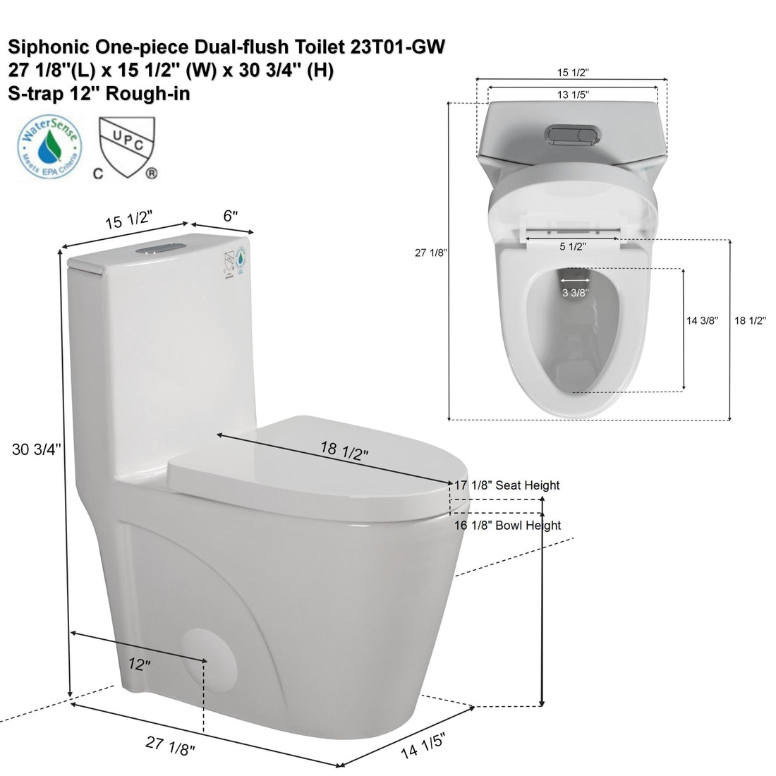 1.1 1.6 Gpf Dual Flush 1 Piece Elongated Toilet With Soft Close Seat Gloss White, Water Saving, Modern, Stylish Design 23T01 Gw 1 White Ceramic