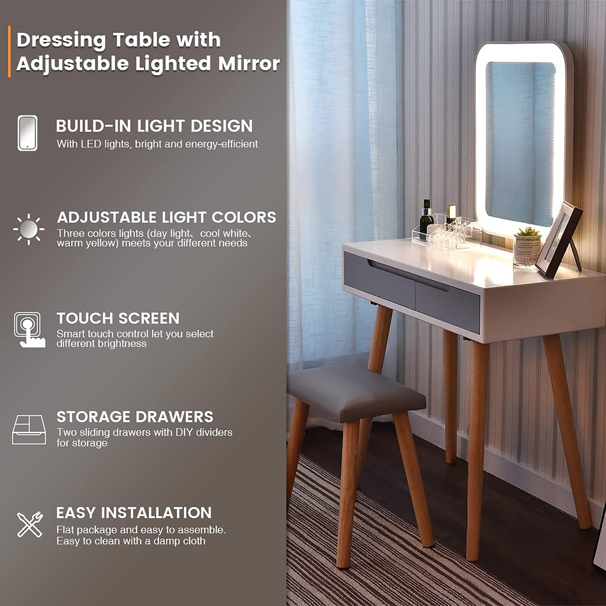 Vanity Table Set With Adjustable Brightness Mirror And Cushioned Stool, Dressing Table Vanity Table With Free Make Up Organizer Grey White Wood