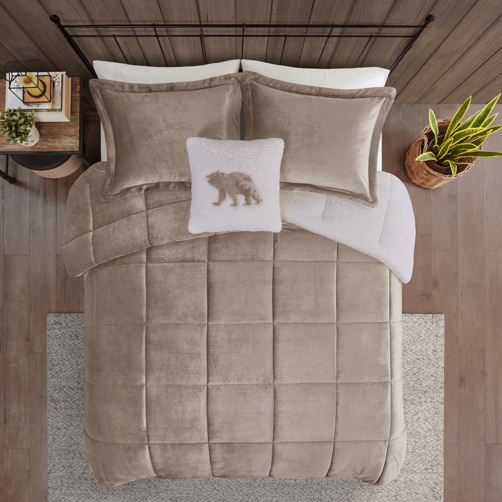 Plush To Sherpa Down Alternative Comforter Set Queen Taupe Ivory Polyester