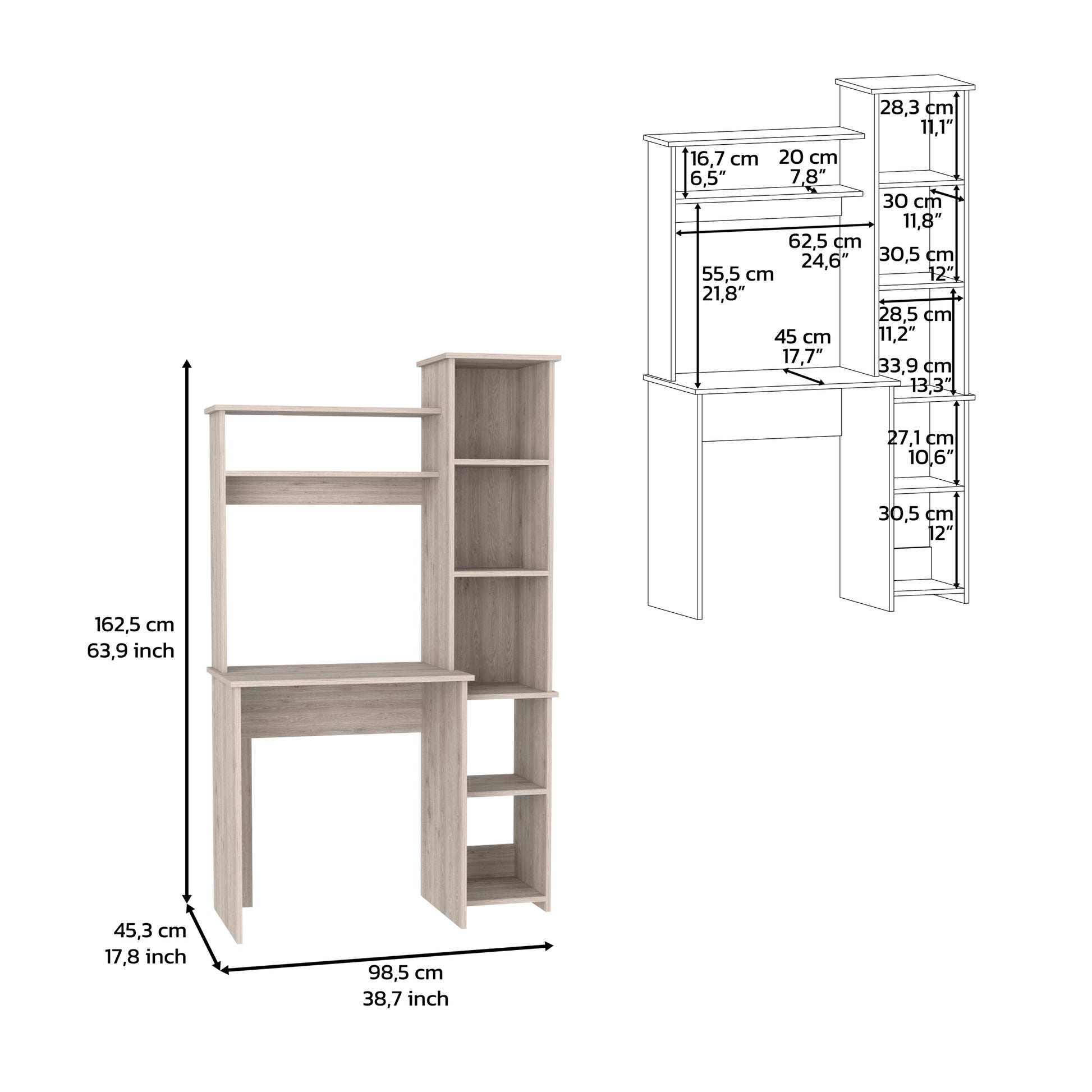 Aramis Desk, Five Shelves, Two Superior Shelves, Light Gray Gray Particle Board Particle Board