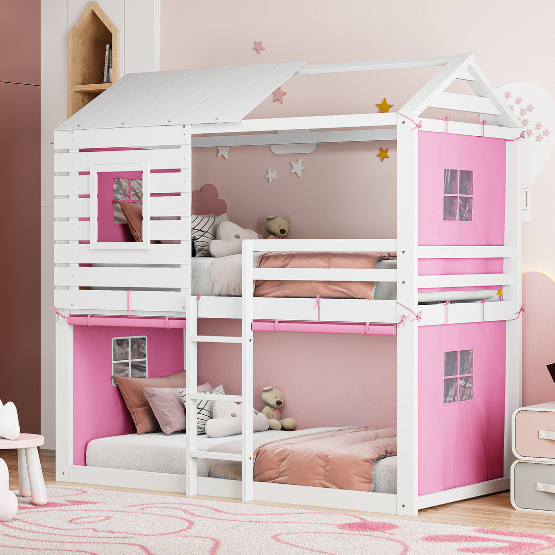 Twin Size Bunk Wood House Bed With Tent, Pink White Twin Pink White Solid Wood Mdf