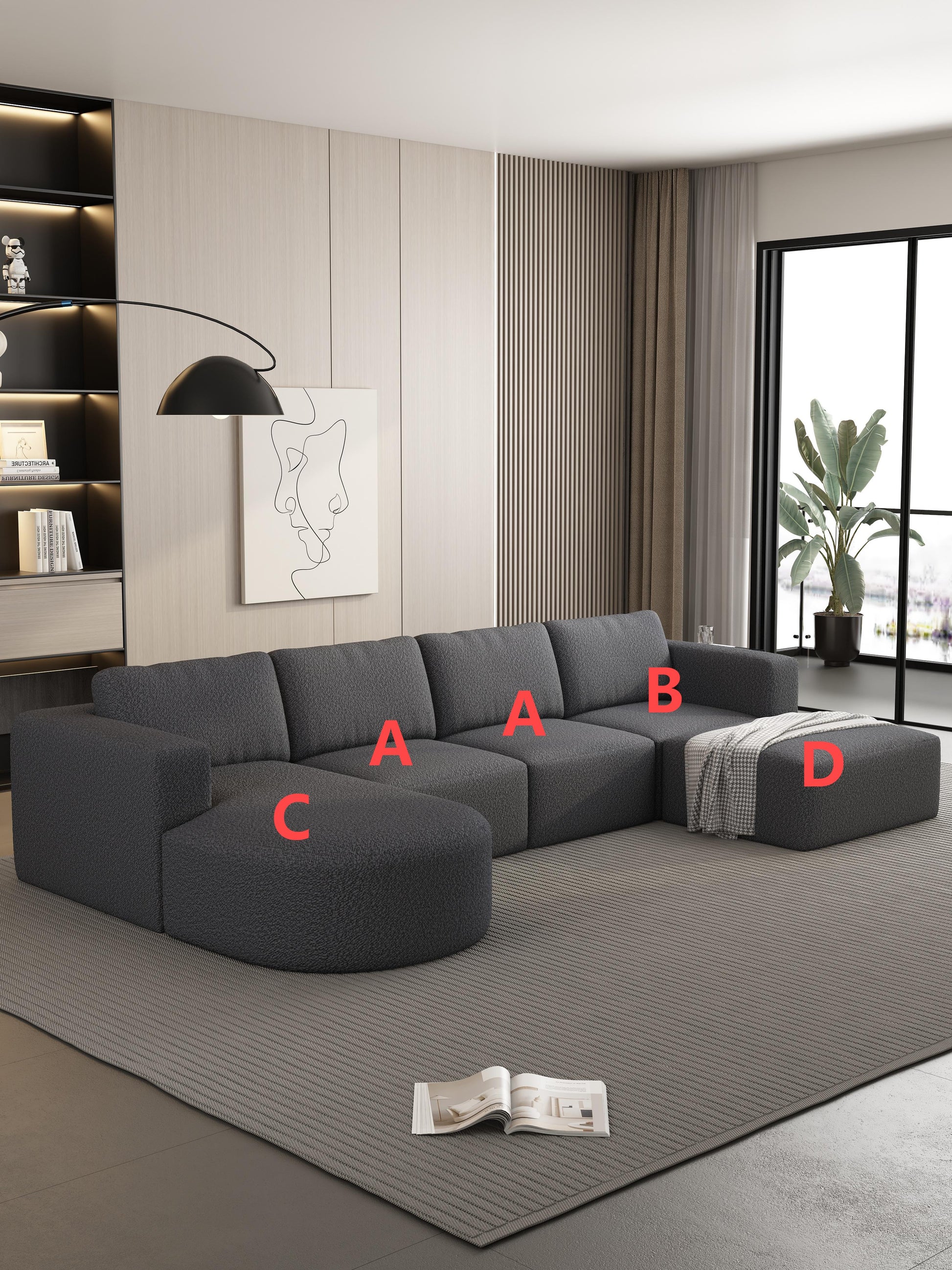 133.84*70.86 Modular Sectional Sofa Sleeper Couch, Sectional Sofa With Chaise And Ottoman, Convertible U Shaped Modular Sofa Set. Compressed Sponge, Dark Grey. Combo 2A B C D Dark Grey Primary Living Space Soft Minimalist,Modern Foam Spring 6 Seat